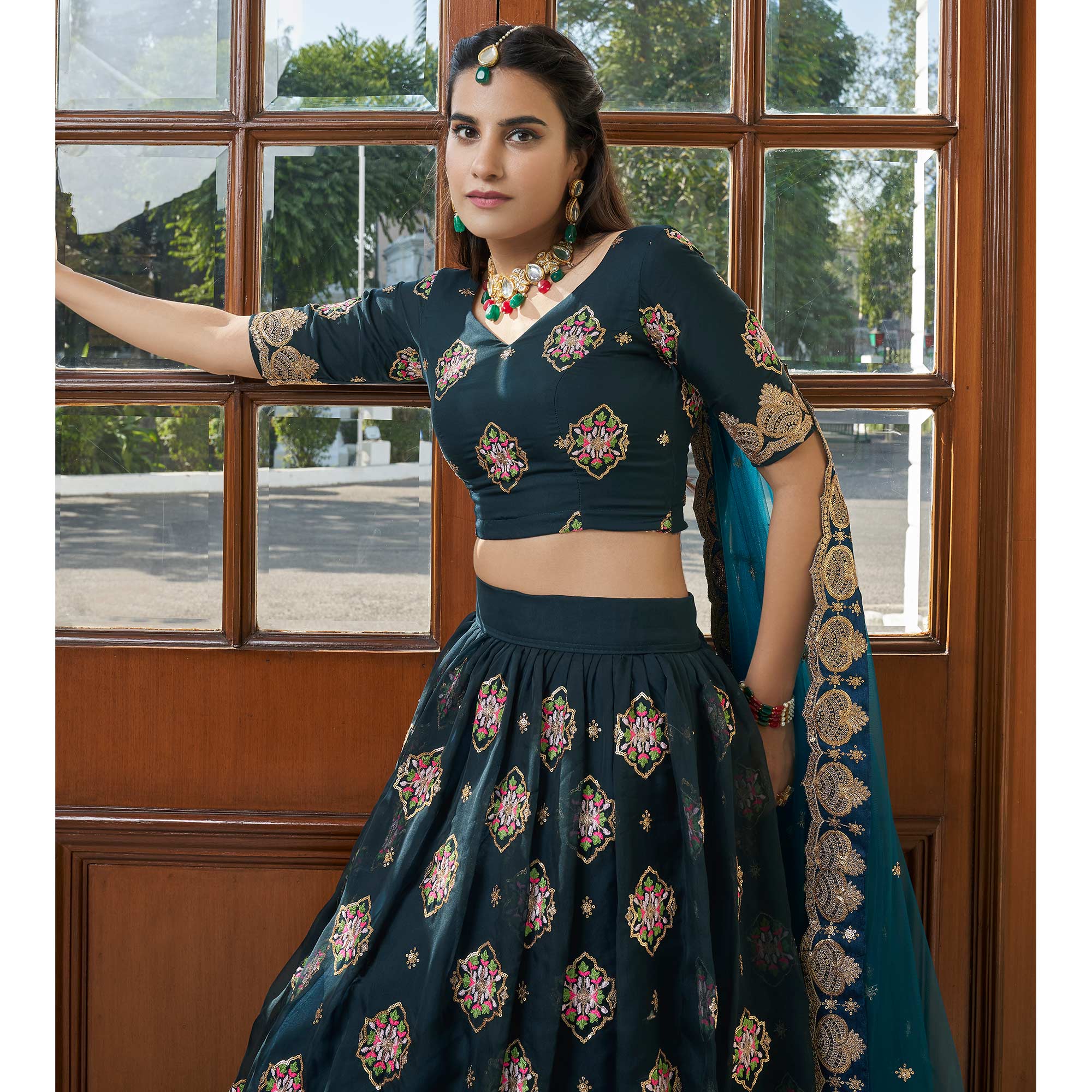 Peachmode Morpich Sequins Embroidered Organza Lehenga Choli - view 5