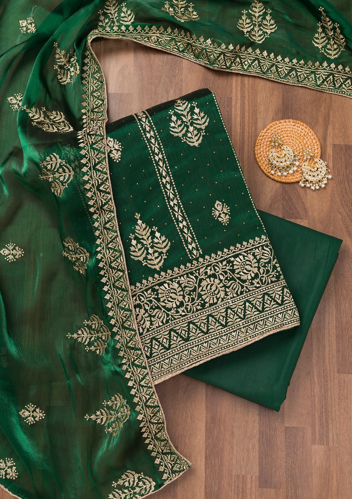 Koskii Bottle Green Zariwork Semi Crepe Unstitched Salwar Suit