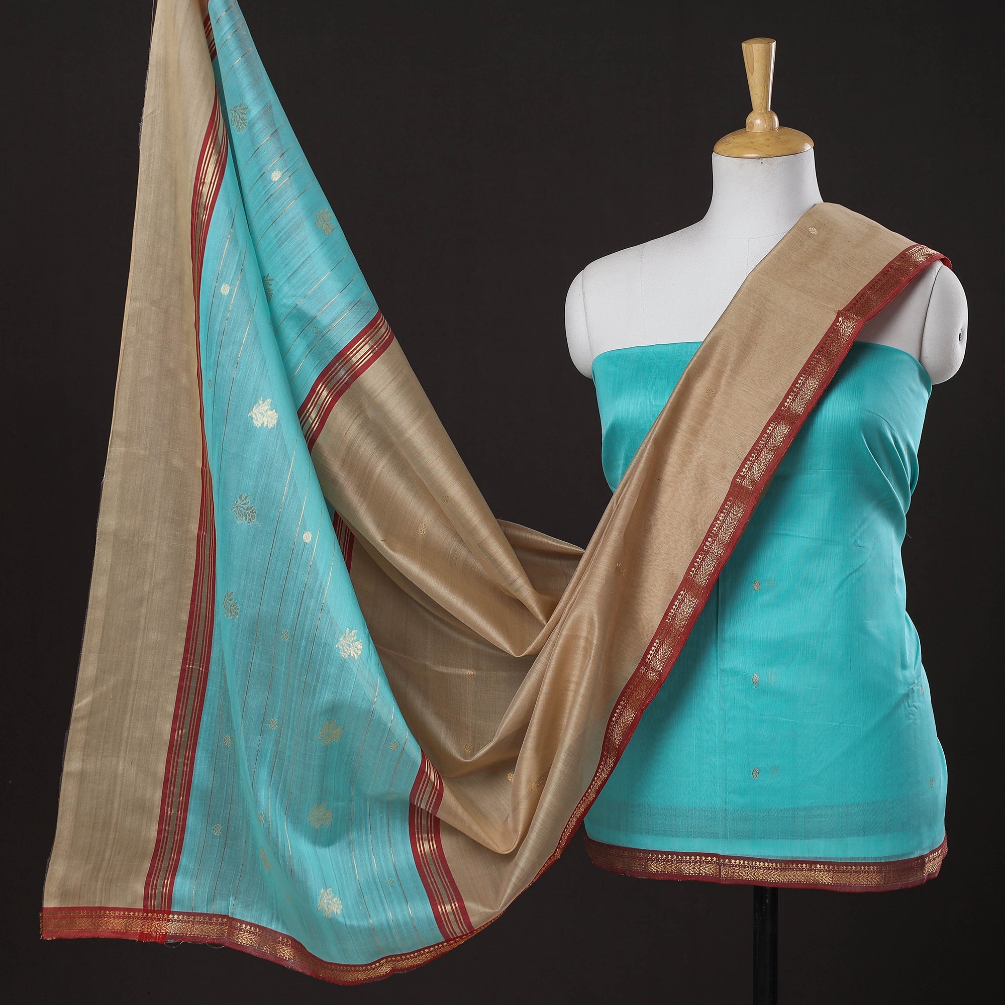 ITOKRI CRAFTS INITIATIVE Blue - 3pc Chanderi Silk Handloom Nakshi Zari Suit Material Set