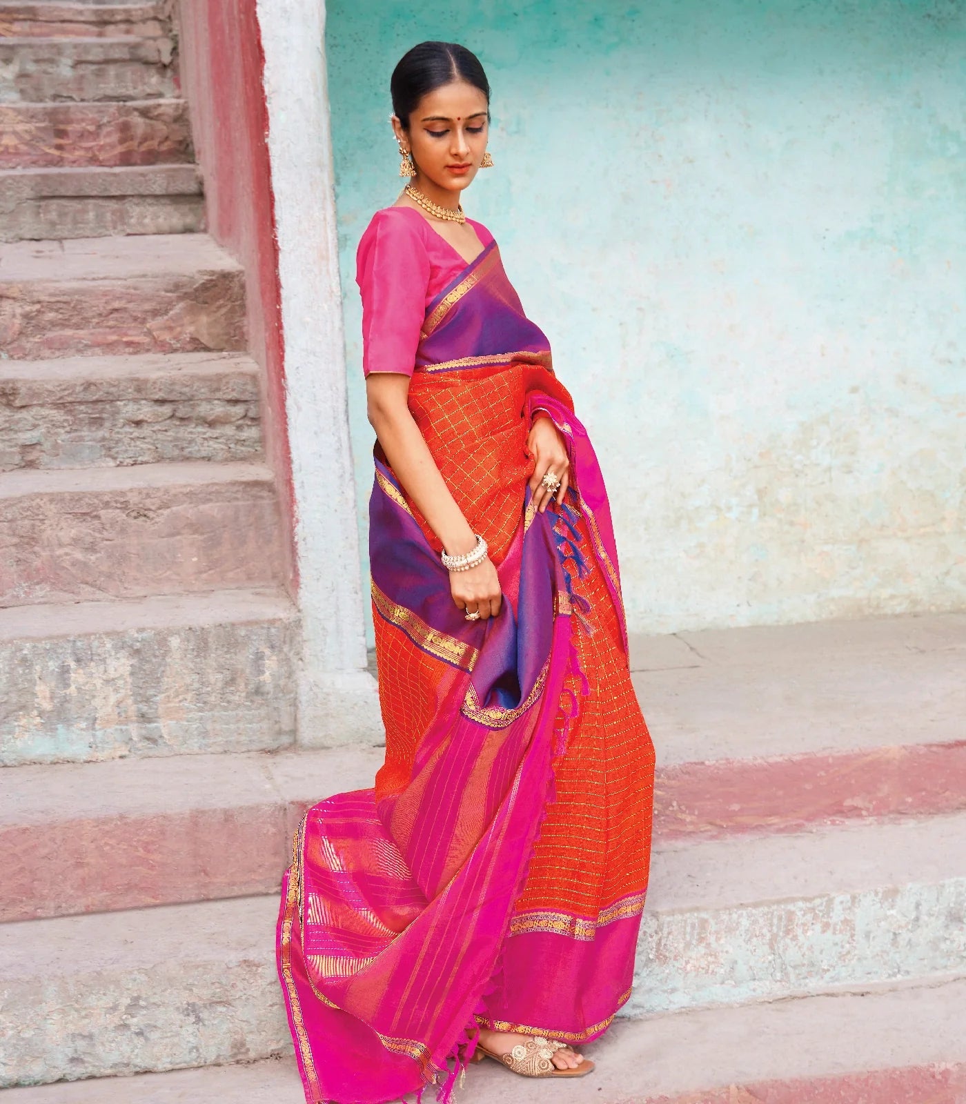 RmKV Orange Handloom Kanchipuram Silk Saree With Zari Checks-Orange
