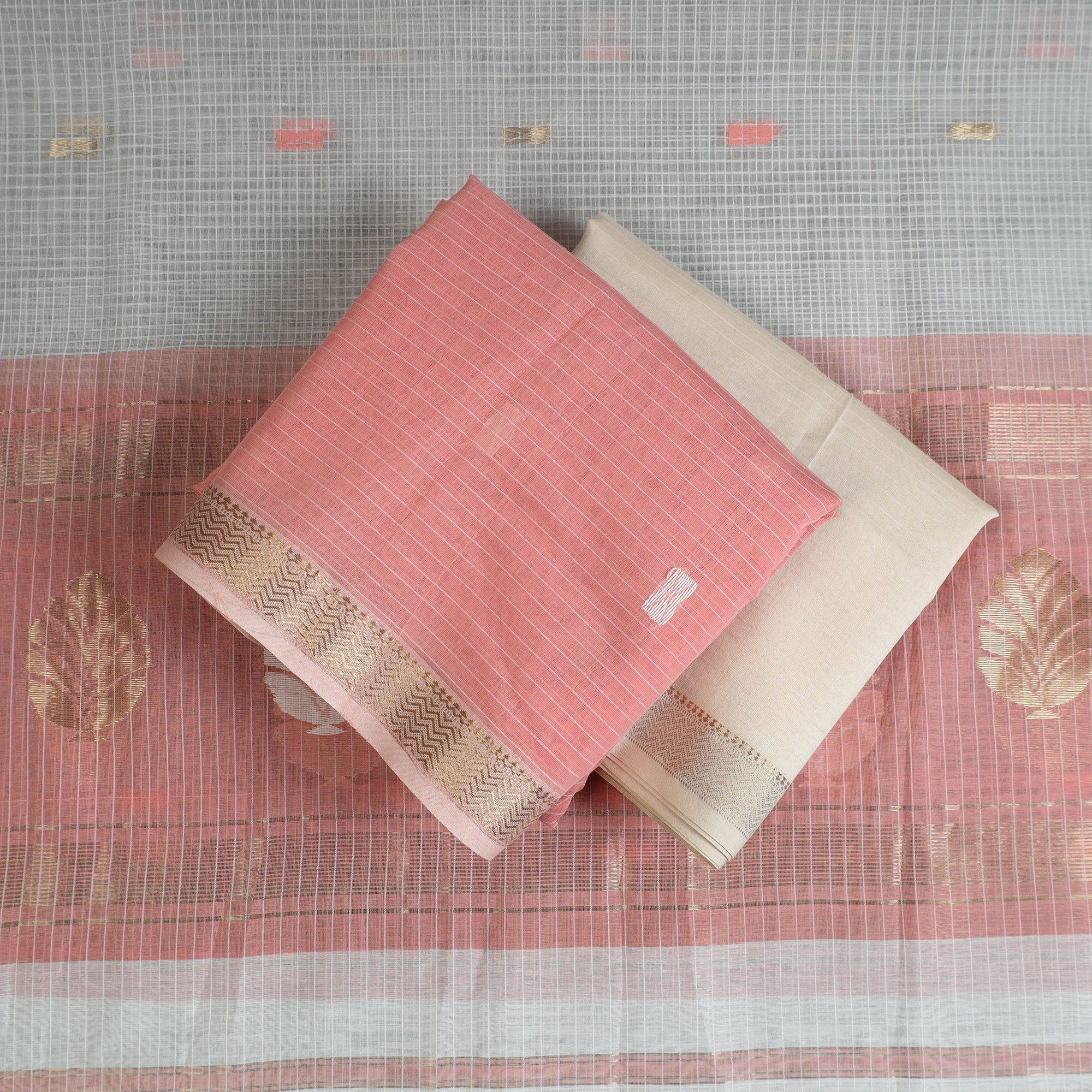 CHANDERI BY RAUPH KHAN Peach - 3pc Zari Buti Handloom Chanderi Silk Dress Material 01 - view 2