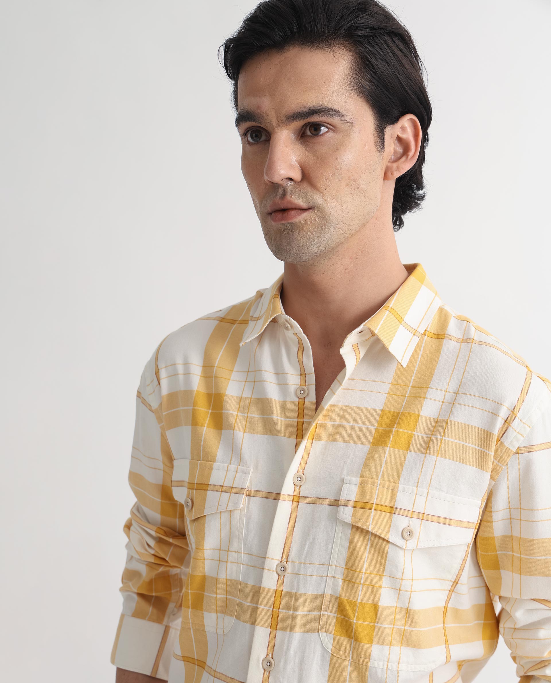 Rare Rabbit Men's Bern Yellow Cotton Fabric Full Sleeves Checks Shirt - view 4