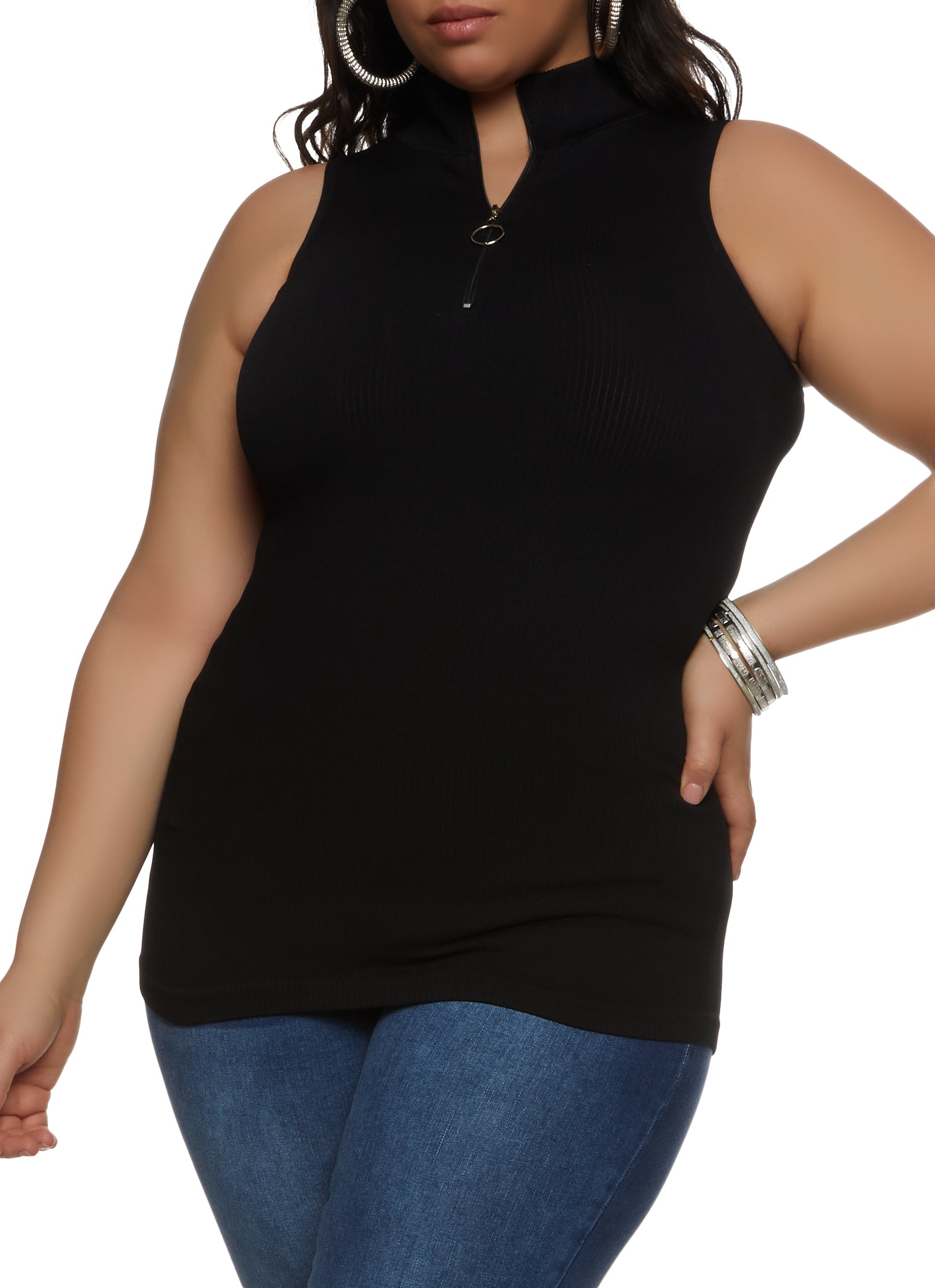 Rainbow Shops Plus Size Ribbed Sleeveless Zip Neck Top