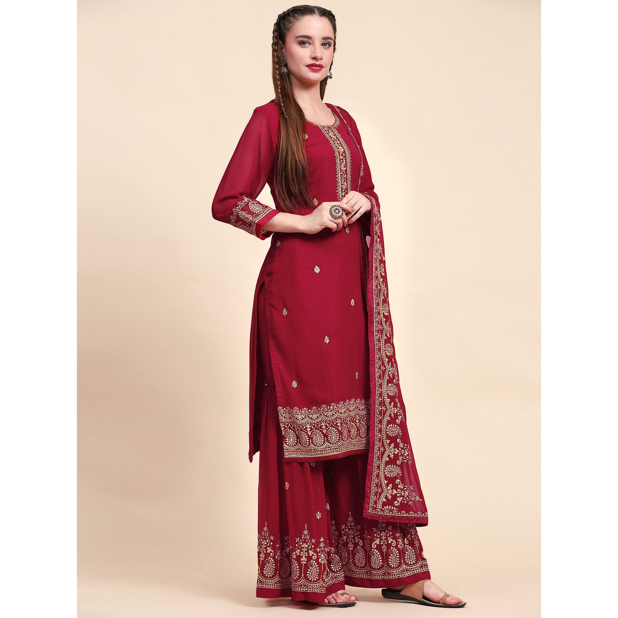 Peachmode Maroon Floral Embroidered Georgette Semi Stitched Suit - view 5