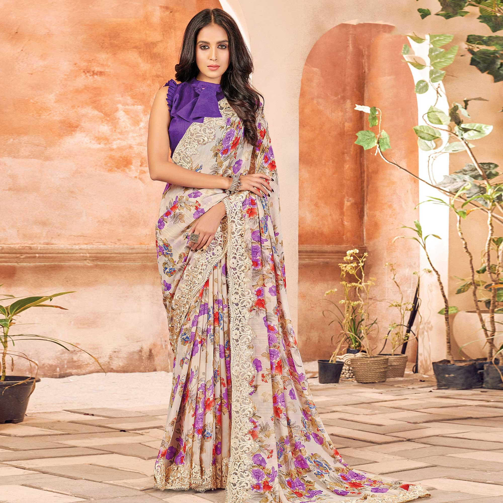 Peachmode Cream Partywear Floral Printed Georgette Saree Designer Lace