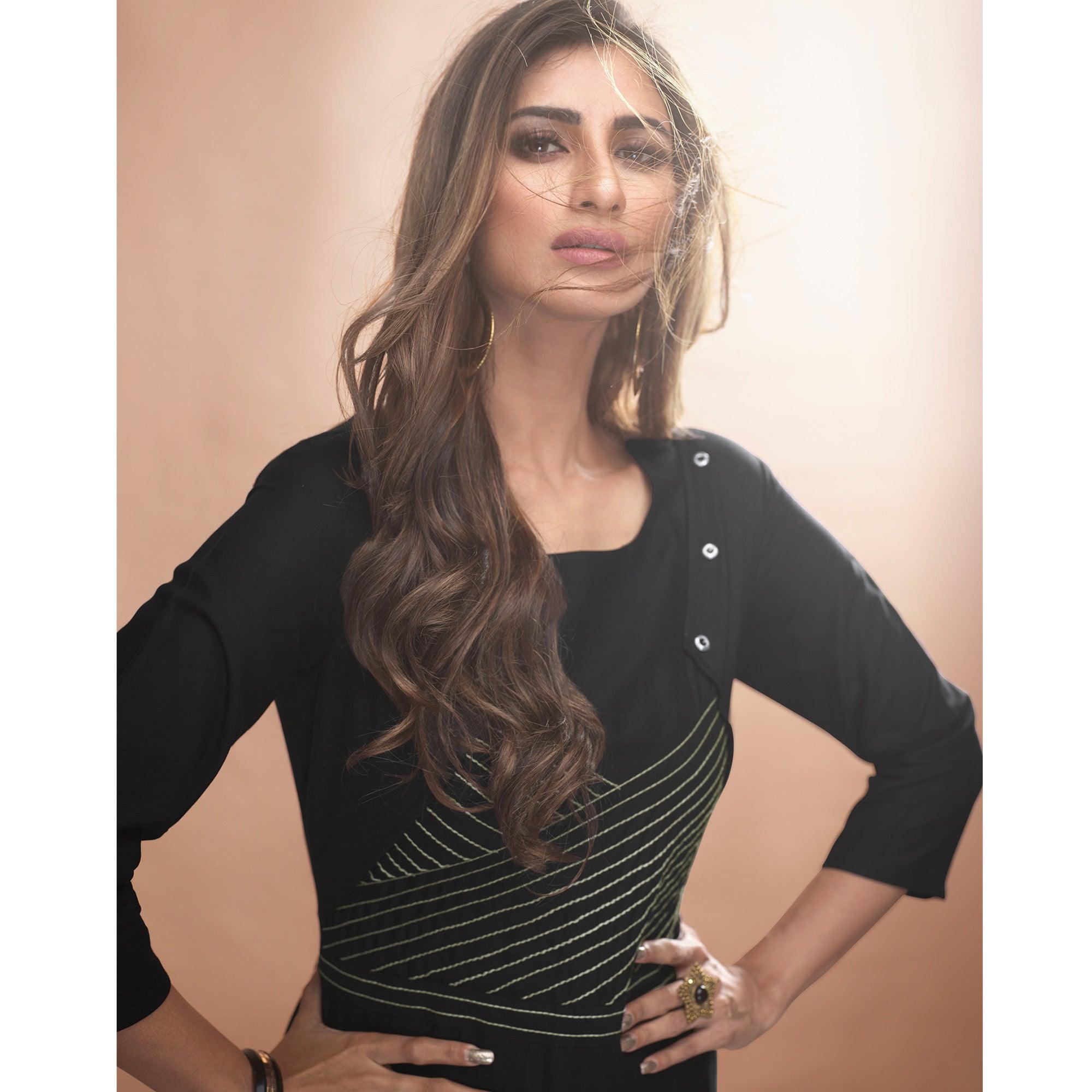 Peachmode Seller Engrossing Black Colored Partywear Embroidered Viscose Kurti - view 2