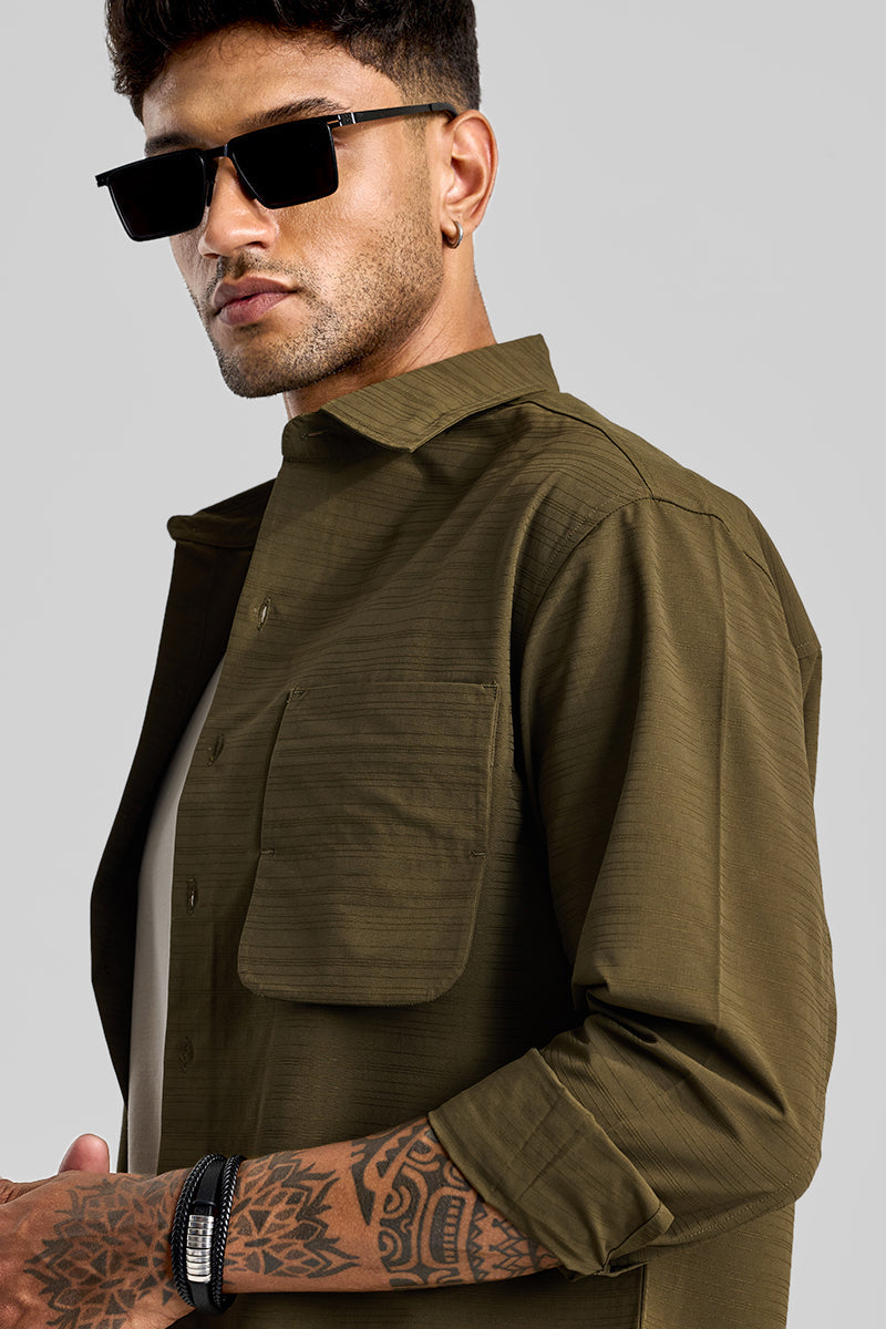 SNITCH Olive Stripes Relaxed Fit Overshirt - view 4