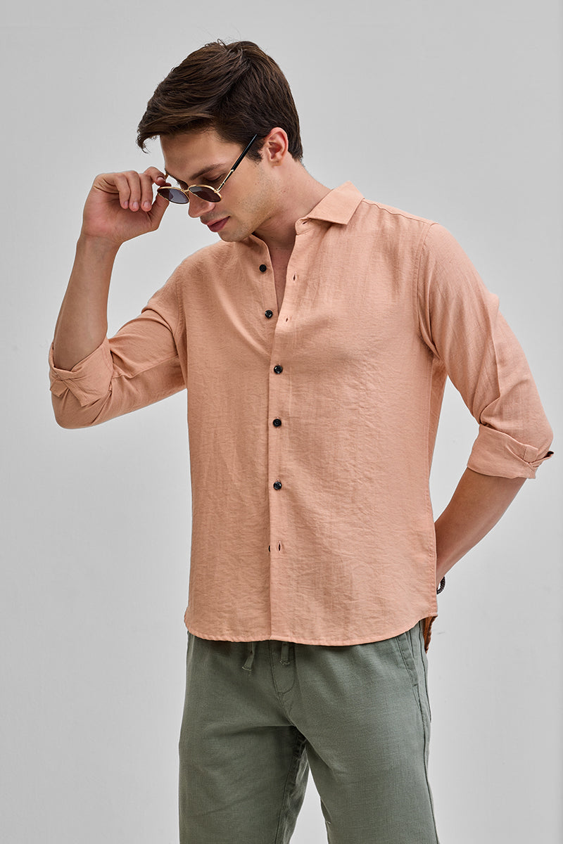 SNITCH Peach Textured Linen Blend Shirt