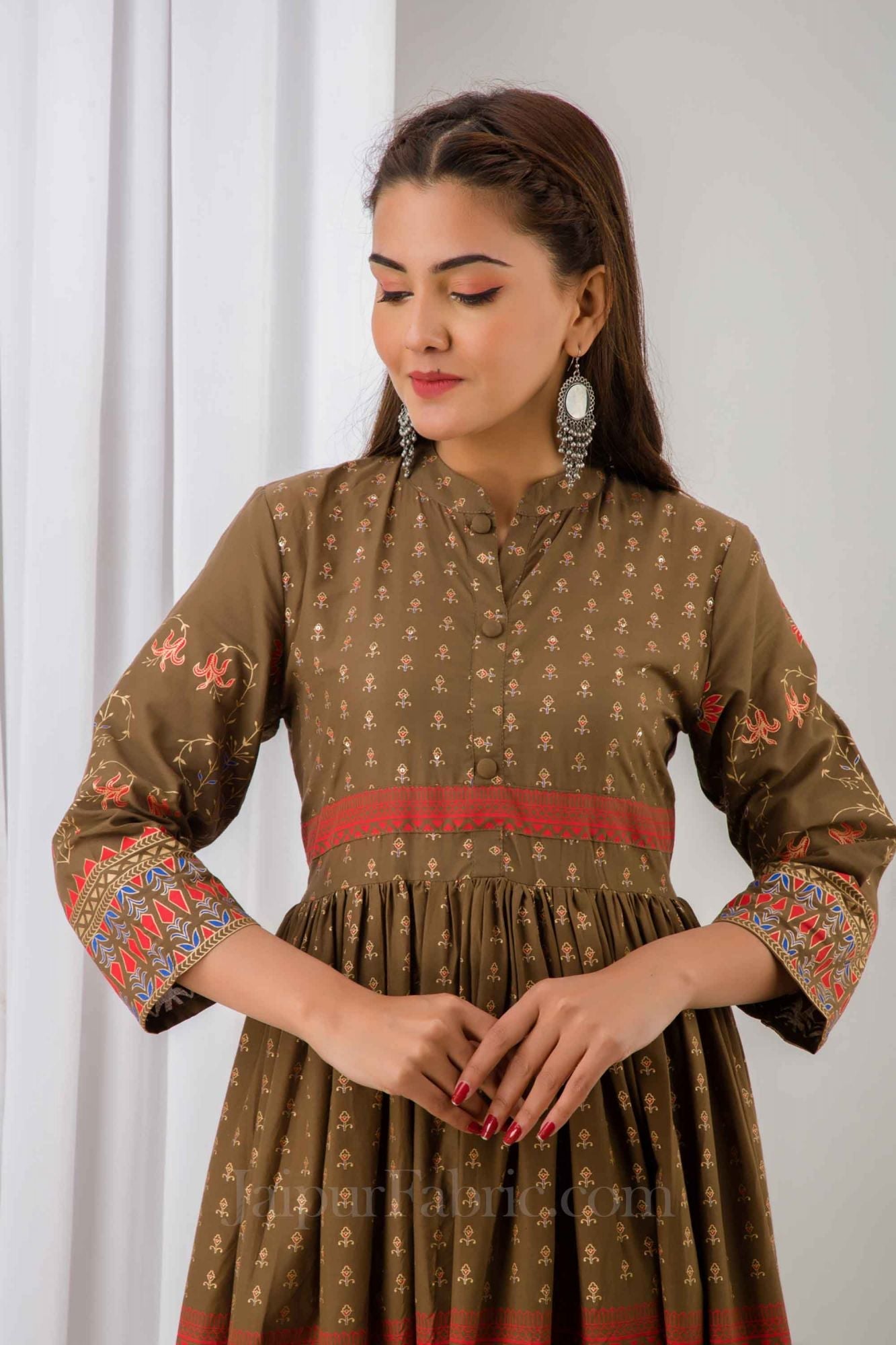 JaipurFabric® Women Brown Cotton Long Flared Kurti - view 2