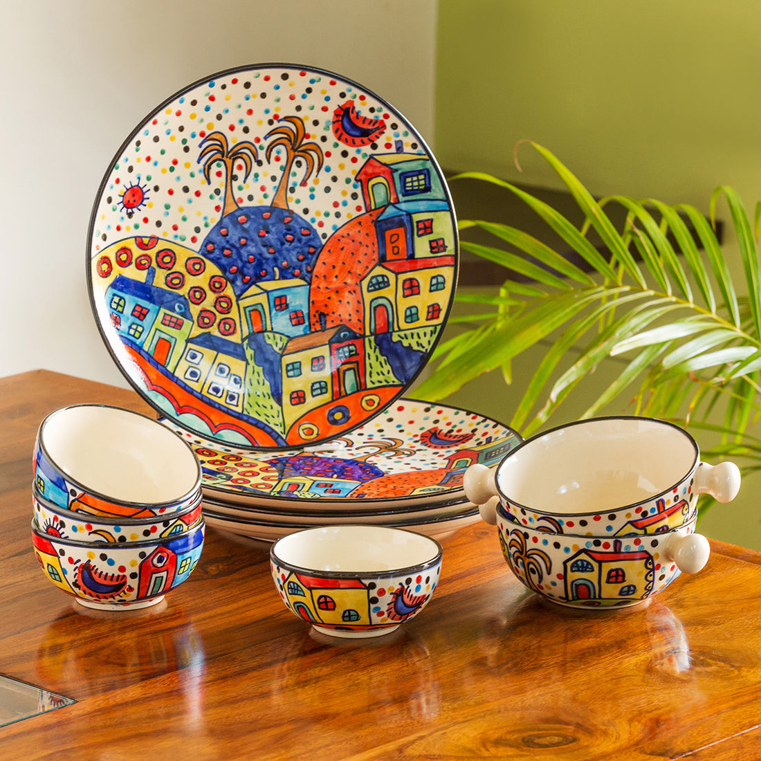 EXCLUSIVELANE 'Hut Dining' Handpainted Ceramic Dinner Plates With Katoris & Serving Bowls (10 Pieces, Serving for 4)