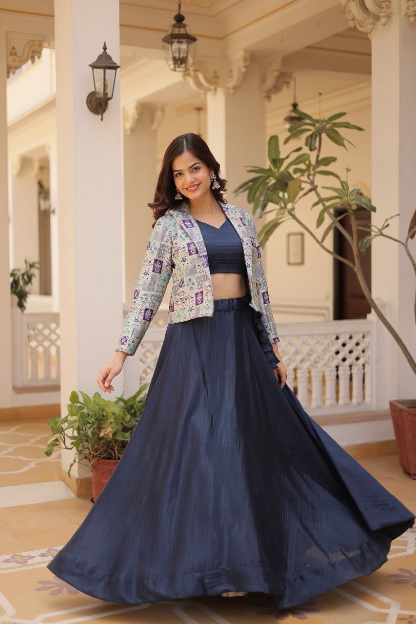 Clothsvilla Navy Blue Chinnon Lehenga Set with Sleeveless Blouse and Jacquard Koti
