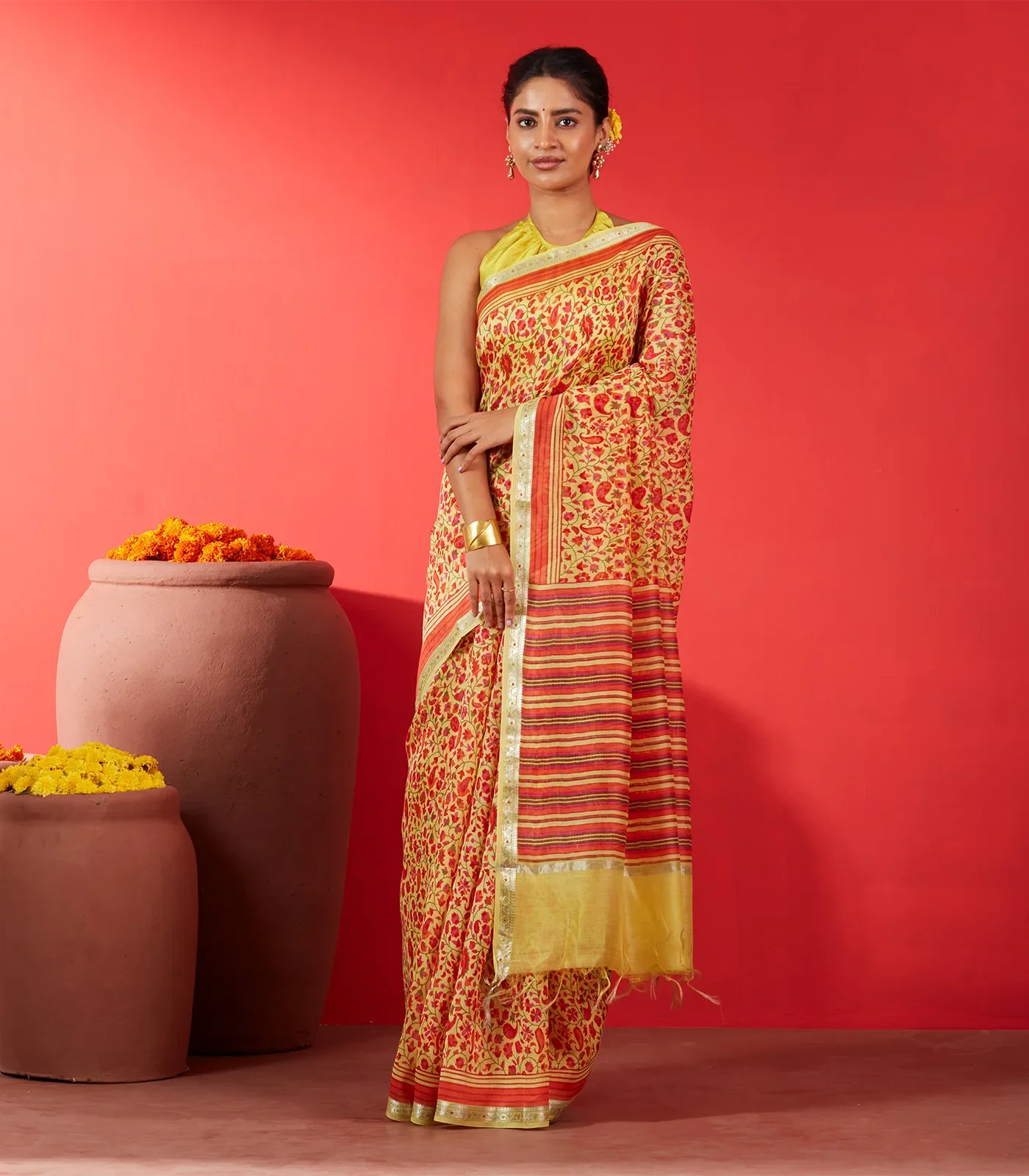 RmKV Yellow Handloom Chanderi Cotton Saree With Printed Floral Motifs