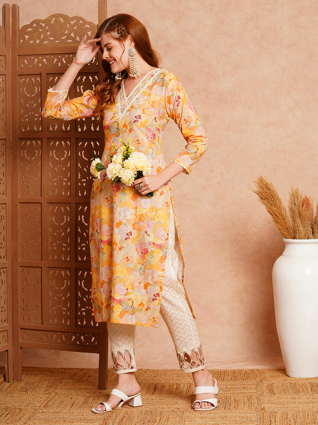 FASHOR Abstract Floral Printed & Embroidered Straight Fit Kurta - Yellow - view 2