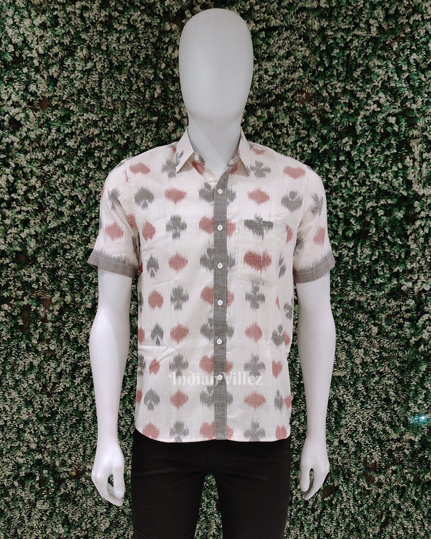 IndianVillèz White Grey Odisha Ikat Cotton Half Sleeve Shirt for Men