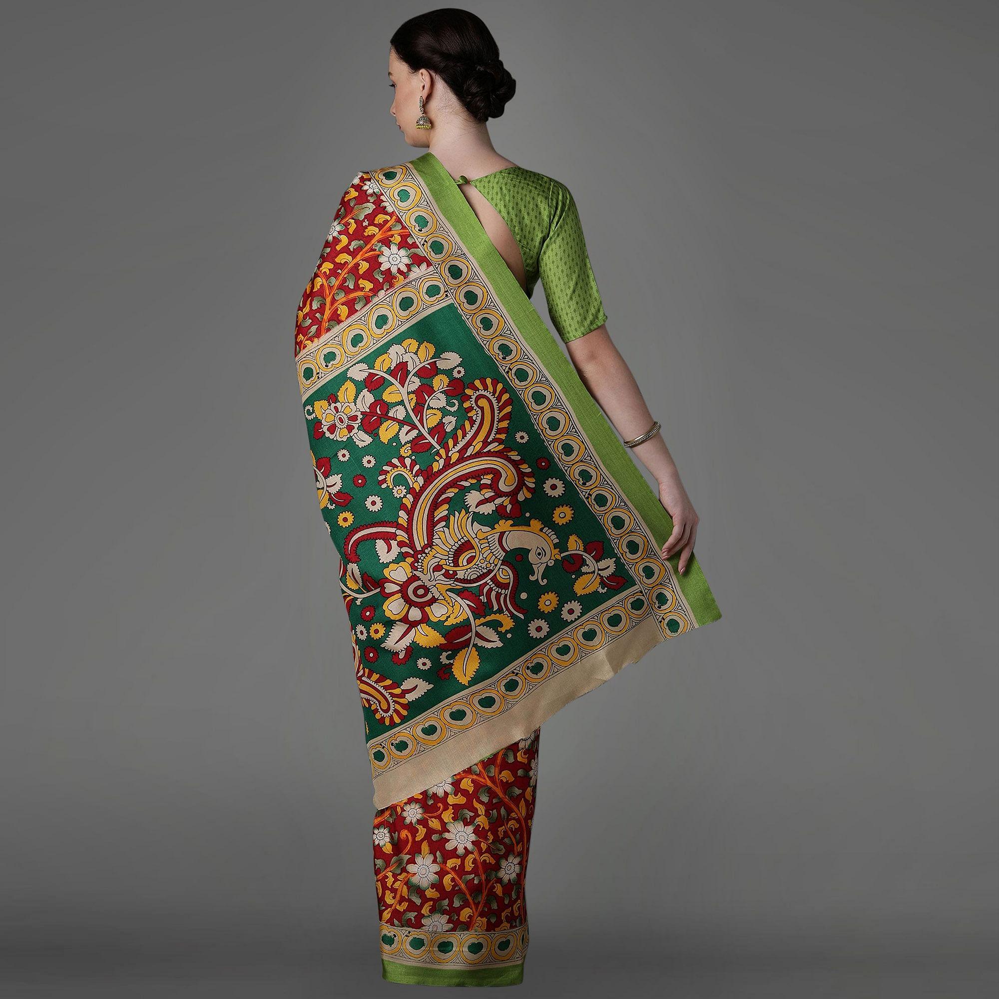 Peachmode Maroon Casual Art Silk Printed Saree With Unstitched Blouse - view 4