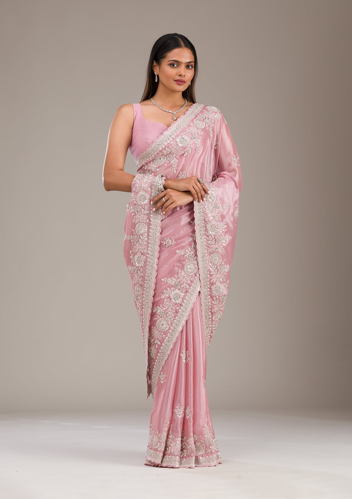 Koskii Pink Zariwork Tissue Saree – Women's