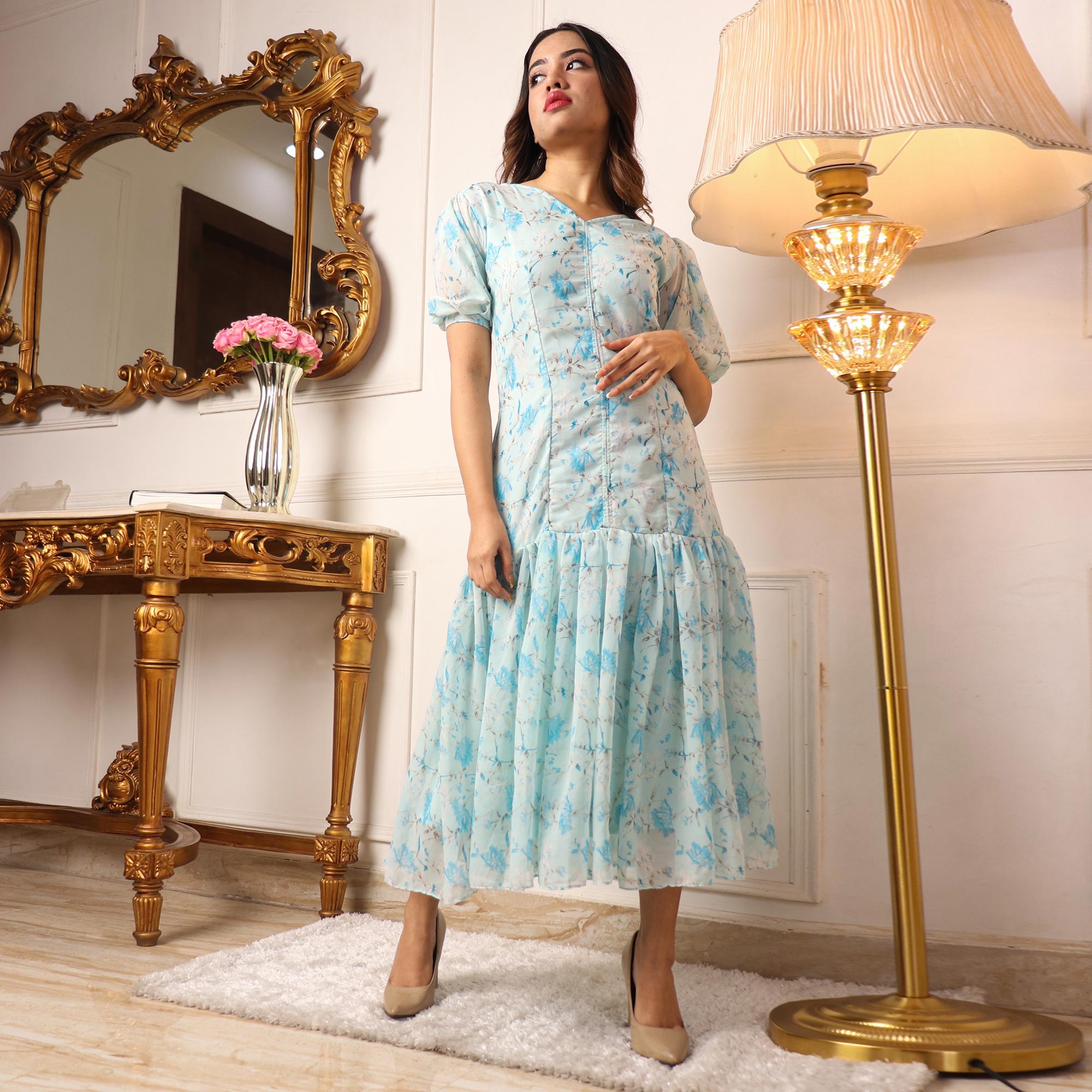 Peachmode Seller Light Blue Floral Printed Georgette Dress - view 5