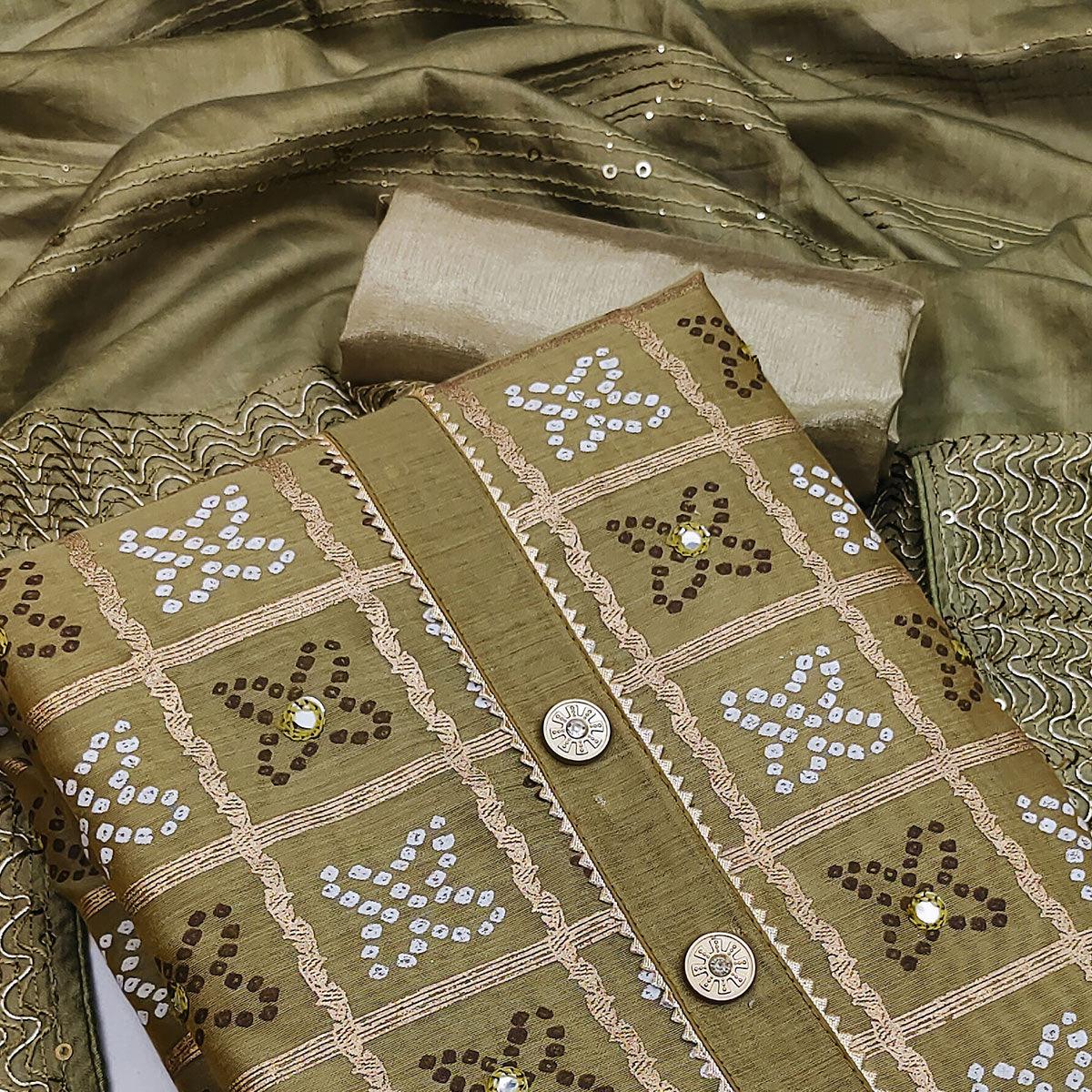 Peachmode Mehendi Green Festive Wear Printed With Handwork Modal Dress Material - view 3