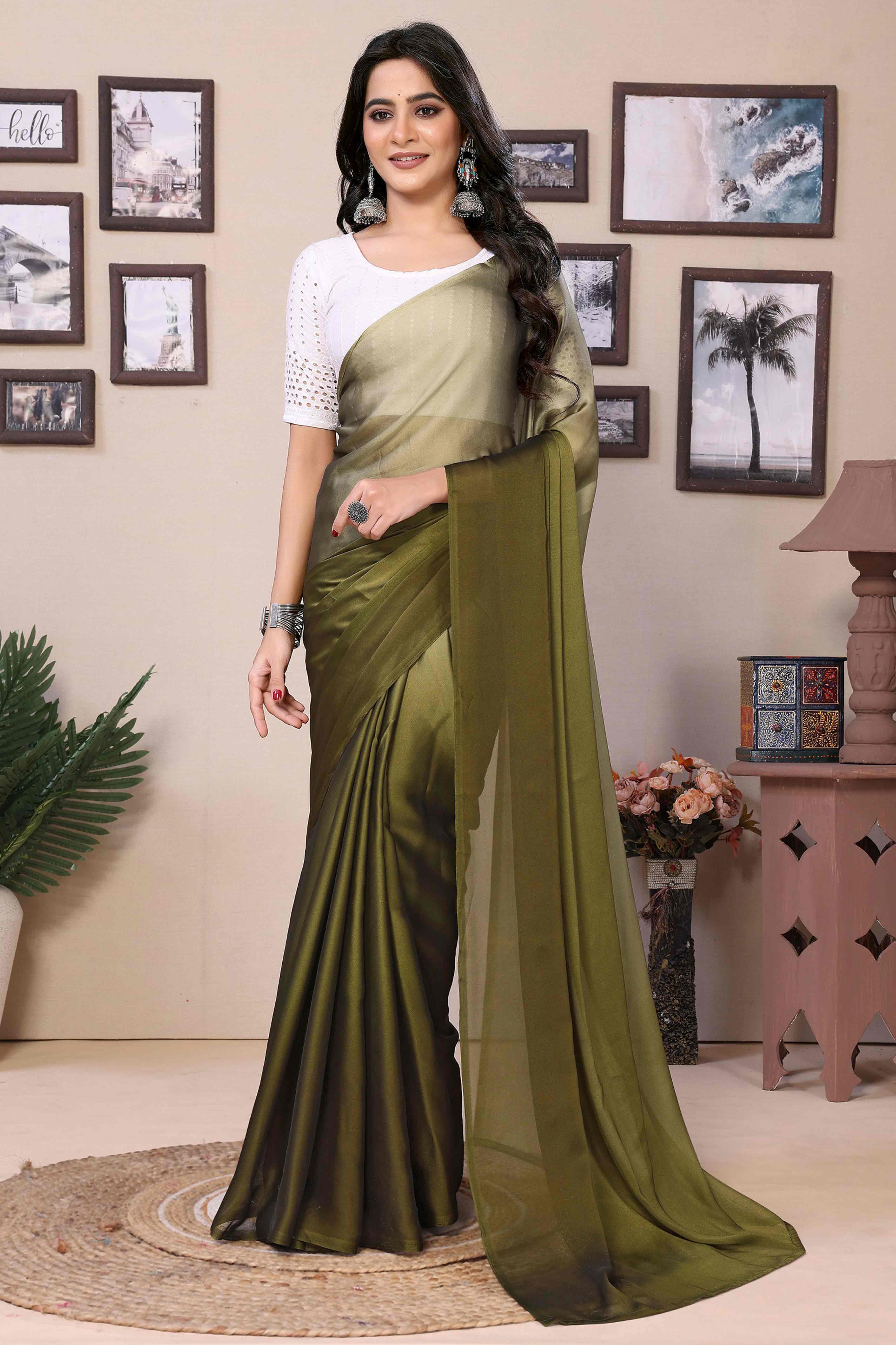 Peachmode Seller Mehendi Green Solid Satin Ready To Wear Ombre Saree