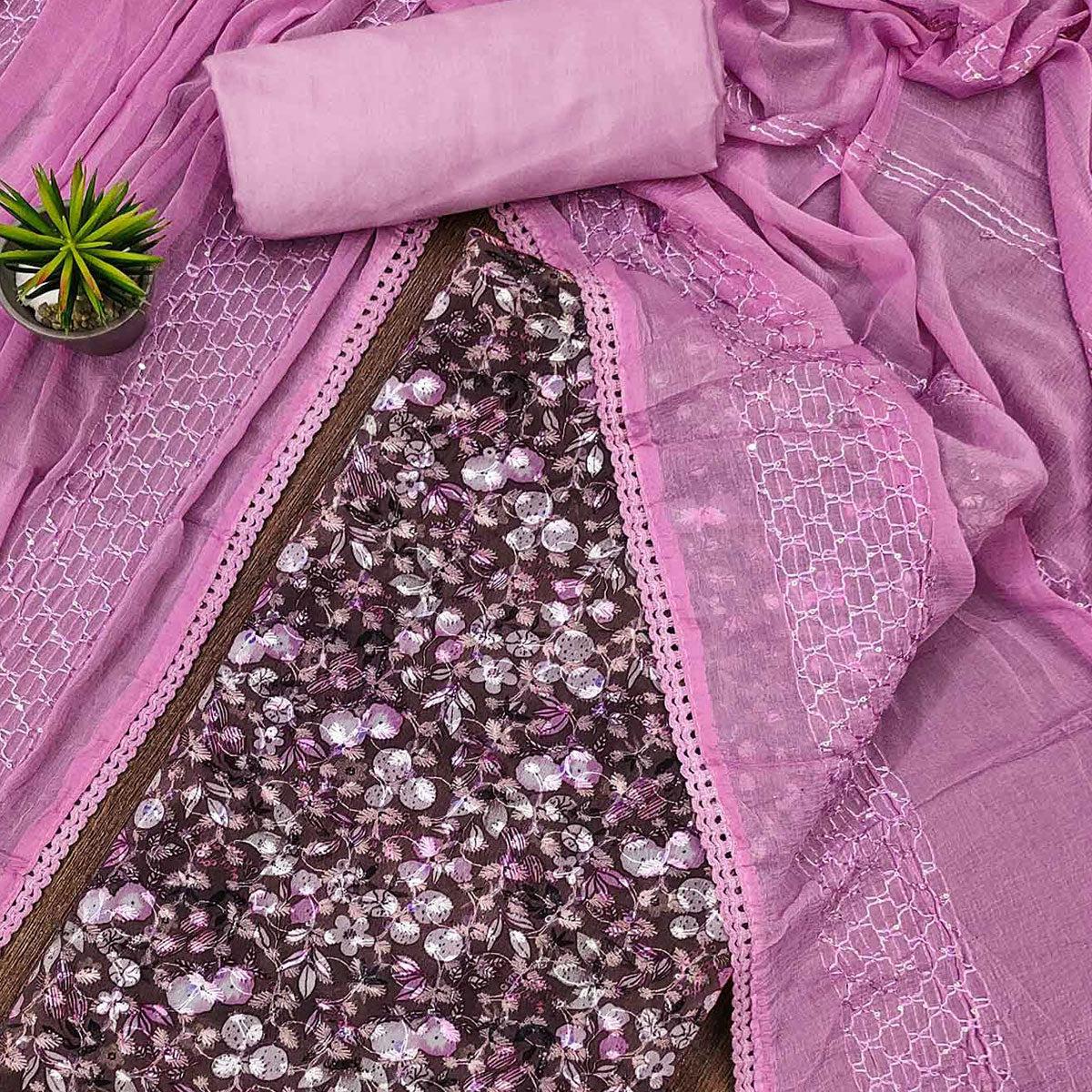 Peachmode Dark Wine Printed With Embroidered Georgette Dress Material - view 2