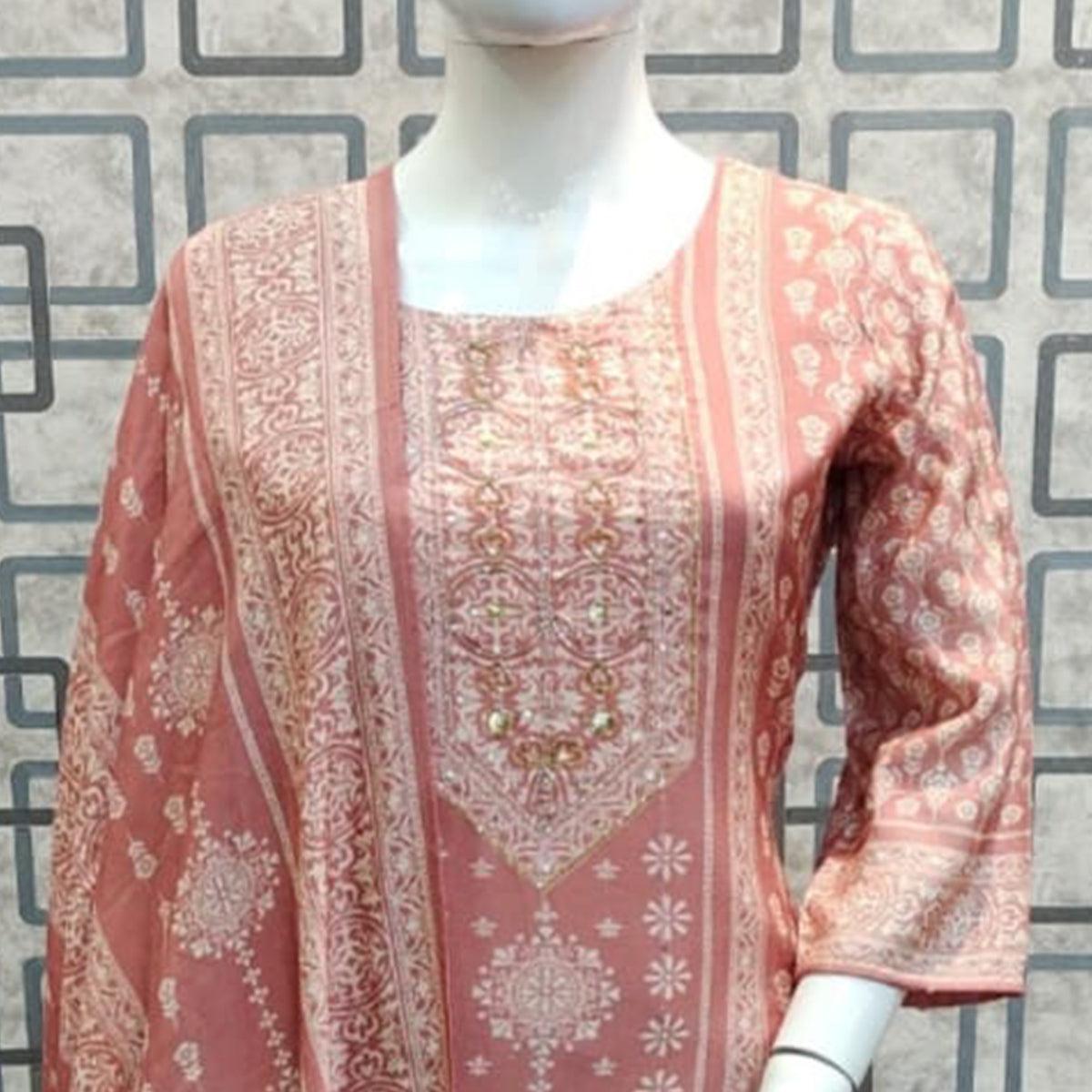 Peachmode Mauve Printed With Sequins Embroidered Pure Cotton Salwar Suit - view 2