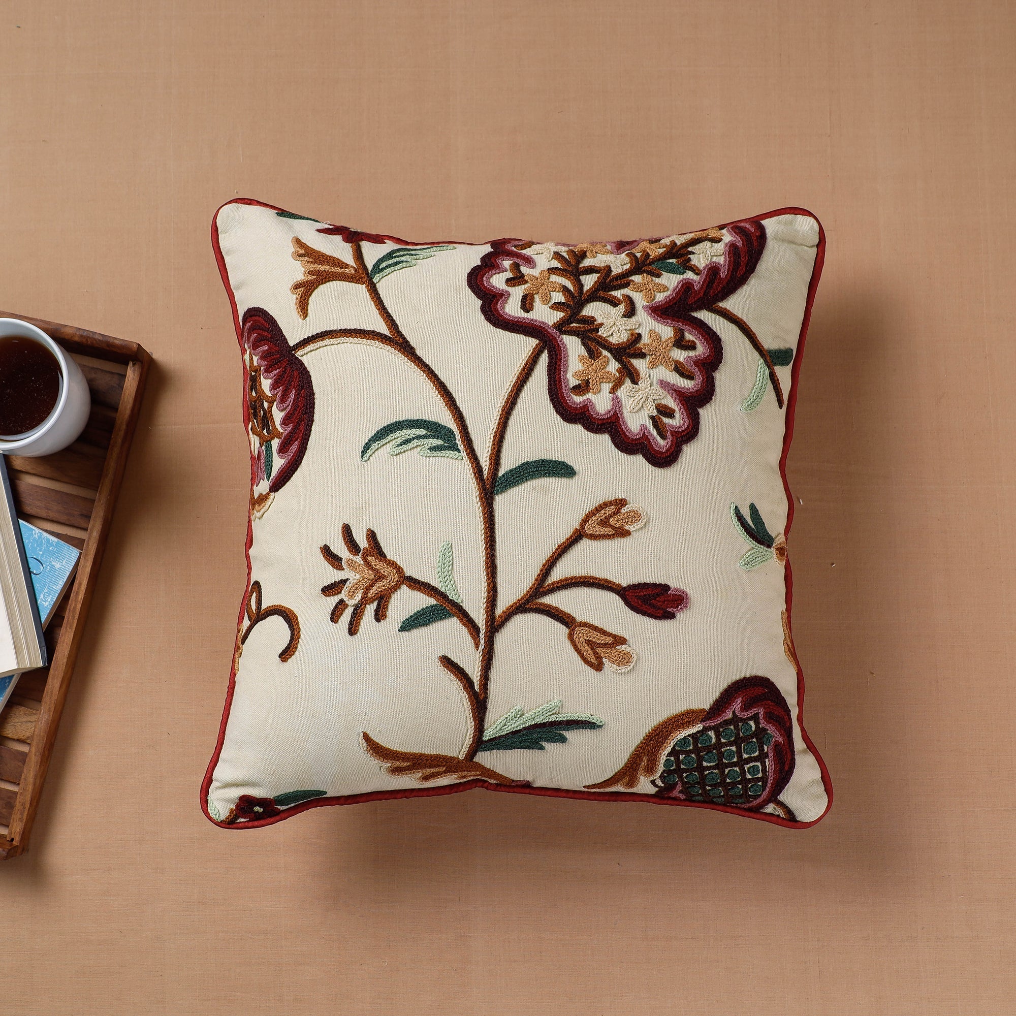 ITOKRI CRAFTS INITIATIVE Brown - Aari Hand Embroidery Cotton Duck Cushion Cover (16 x 16 in)