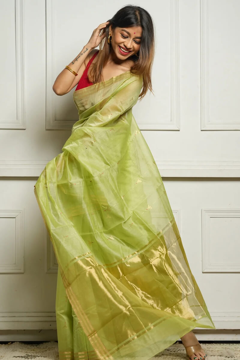 Aayna Deserving Pista Cotton Silk Saree With Demesne Blouse Piece - view 5