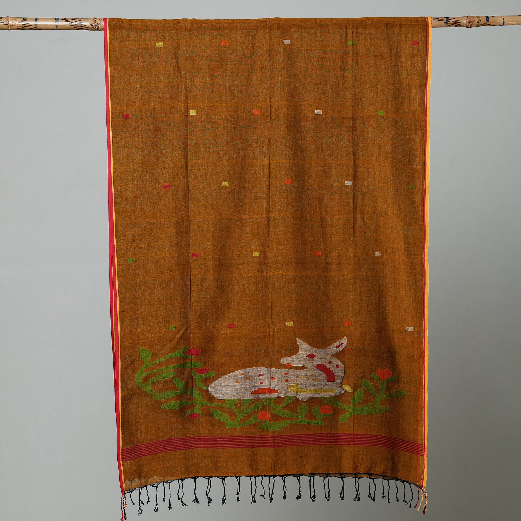 ALANKRITA Brown - Jamdani Handloom Cotton Stole with Tassels - view 2