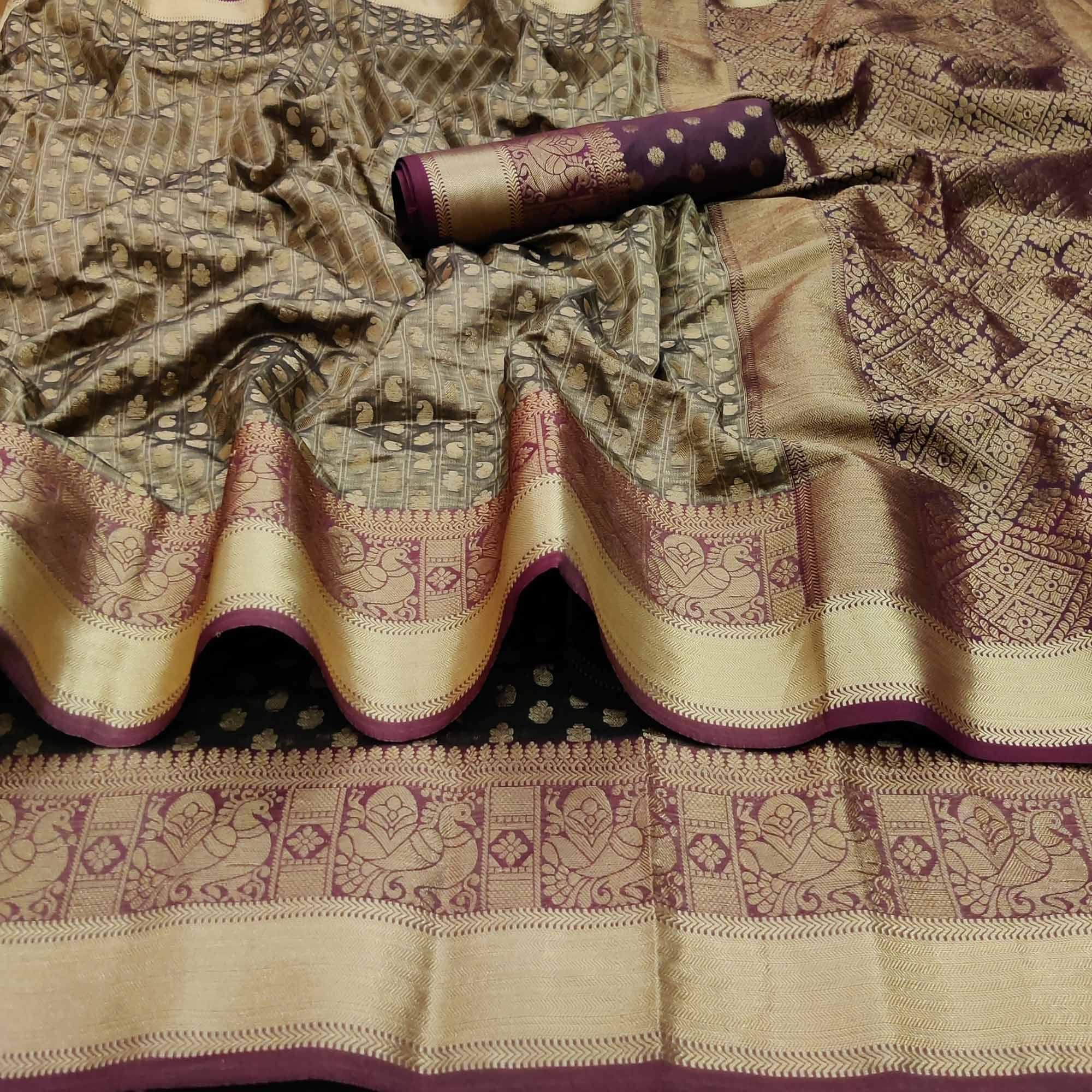 Peachmode Chikoo Festive Wear Woven Silk Saree With Jacquard Border - view 3