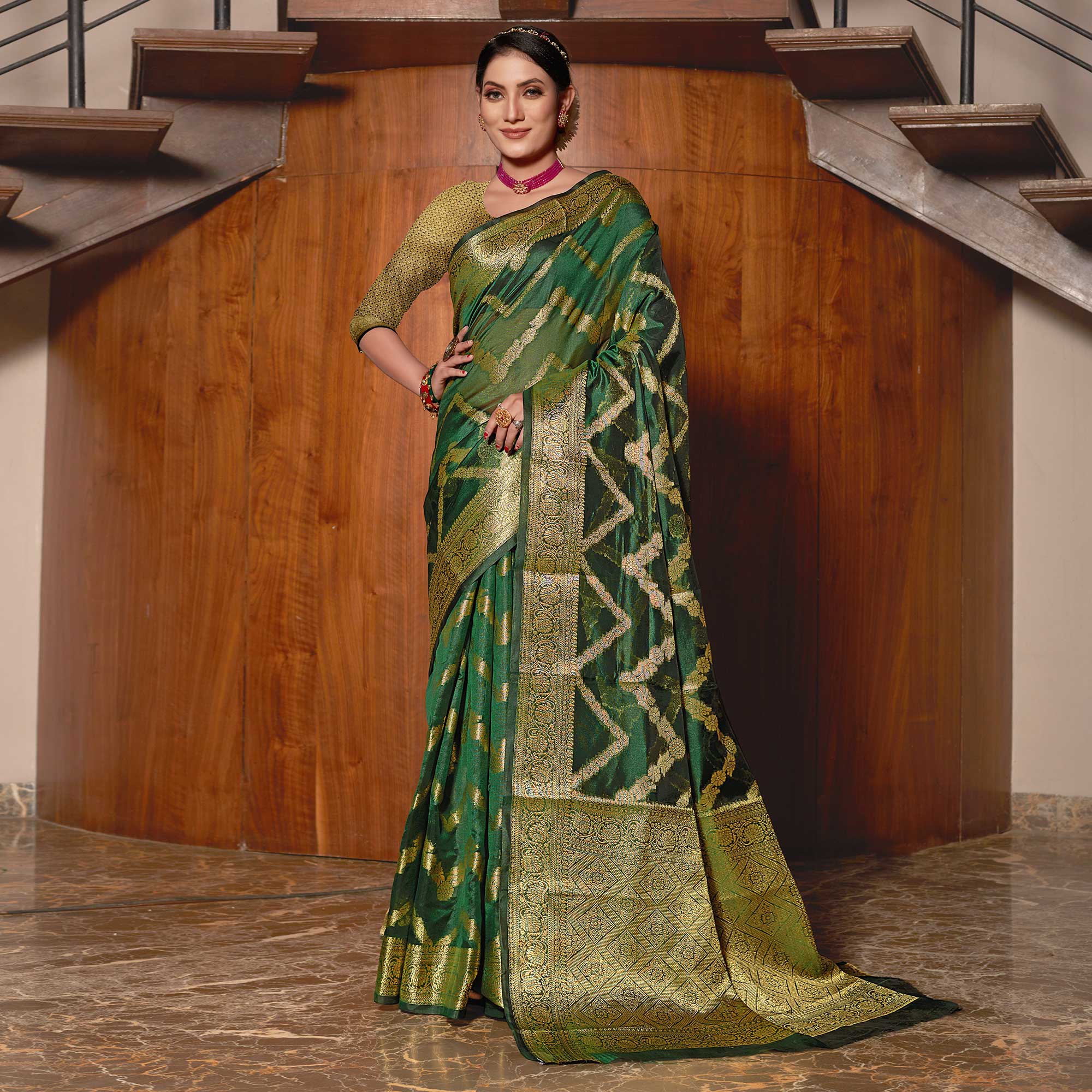 Peachmode Bottle Green Woven Organza Saree – Women's - view 2