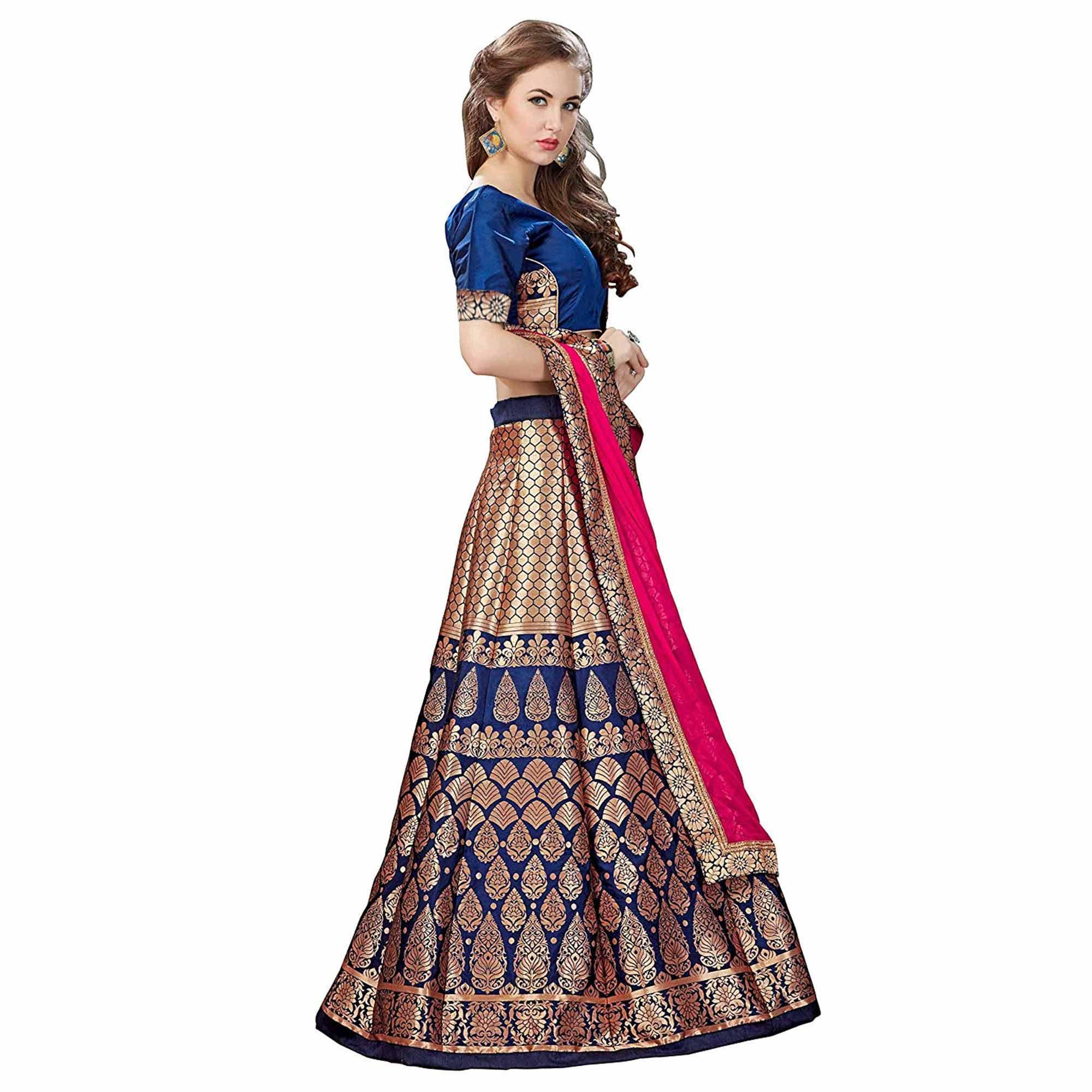 Peachmode Magnetic Blue Colored Partywear Woven Banarasi Silk Jacquard Lehenga Choli - view 6