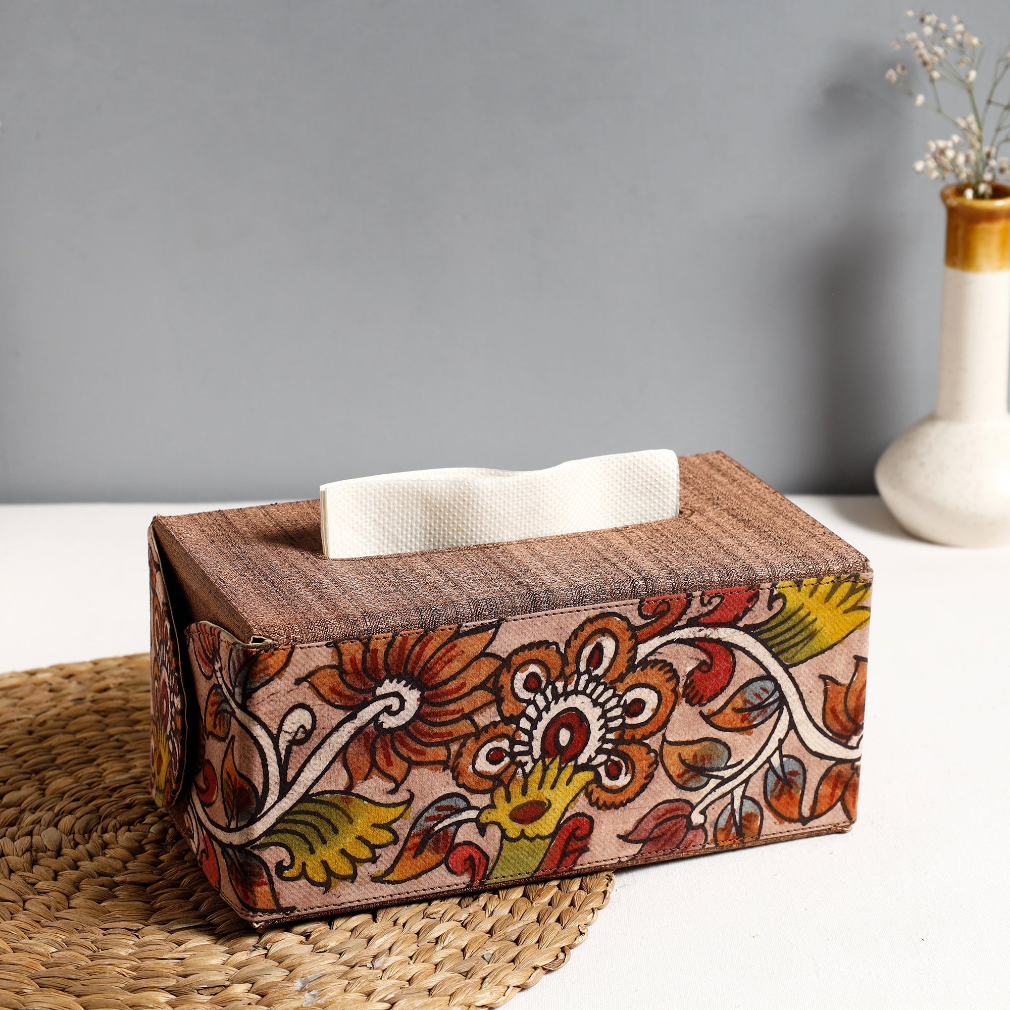 DWARAKA PLUS Brown - Handpainted Kalamkari Natural Dyed Cotton Tissue Box