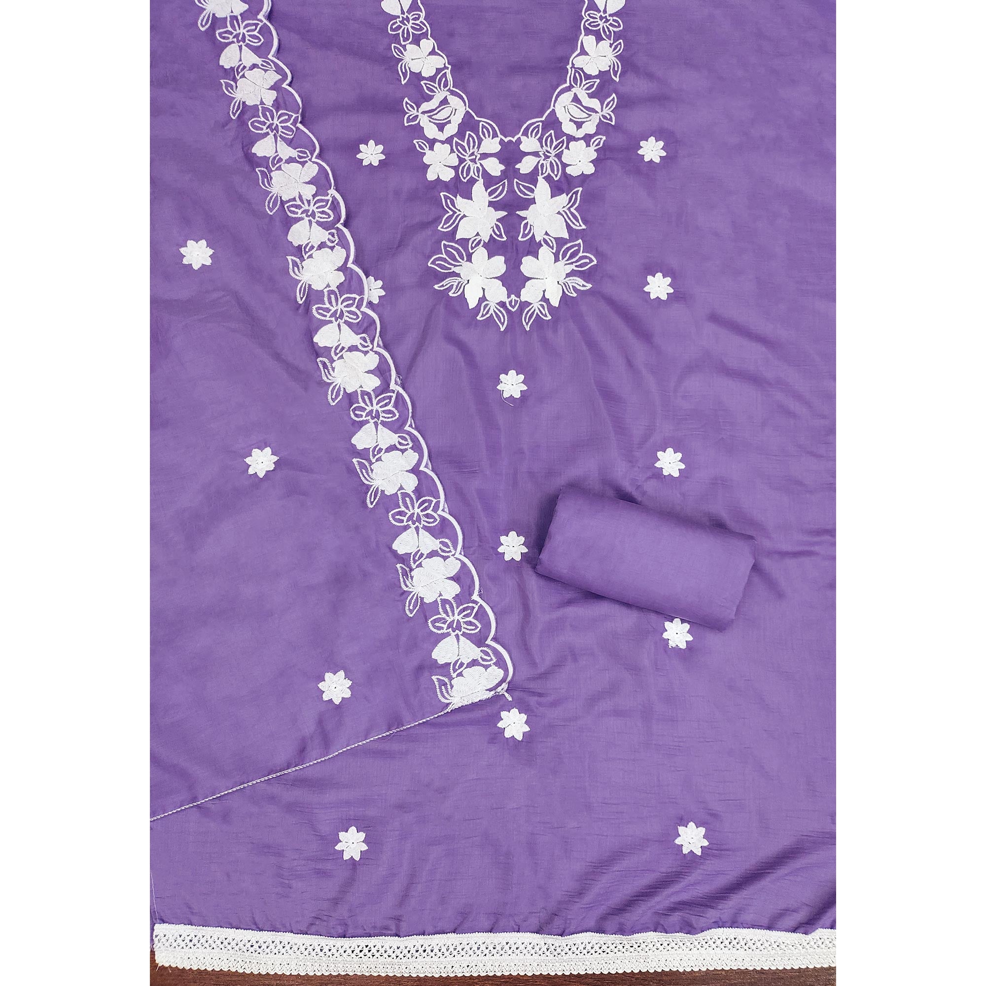 Peachmode Lavender Floral Embroidered Cotton Blend Dress Material - view 4