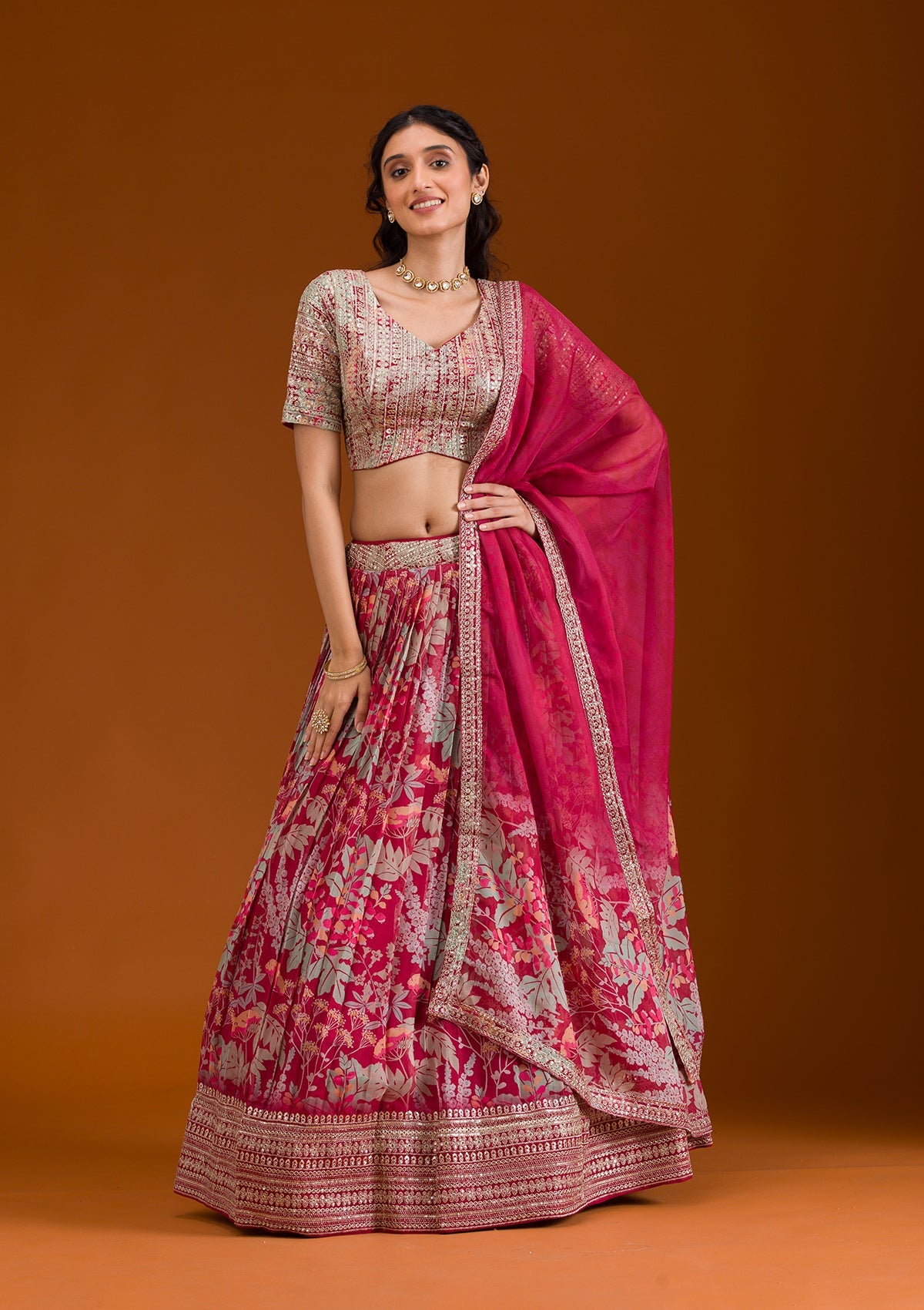 Koskii Maroon Printed Georgette Readymade Lehenga