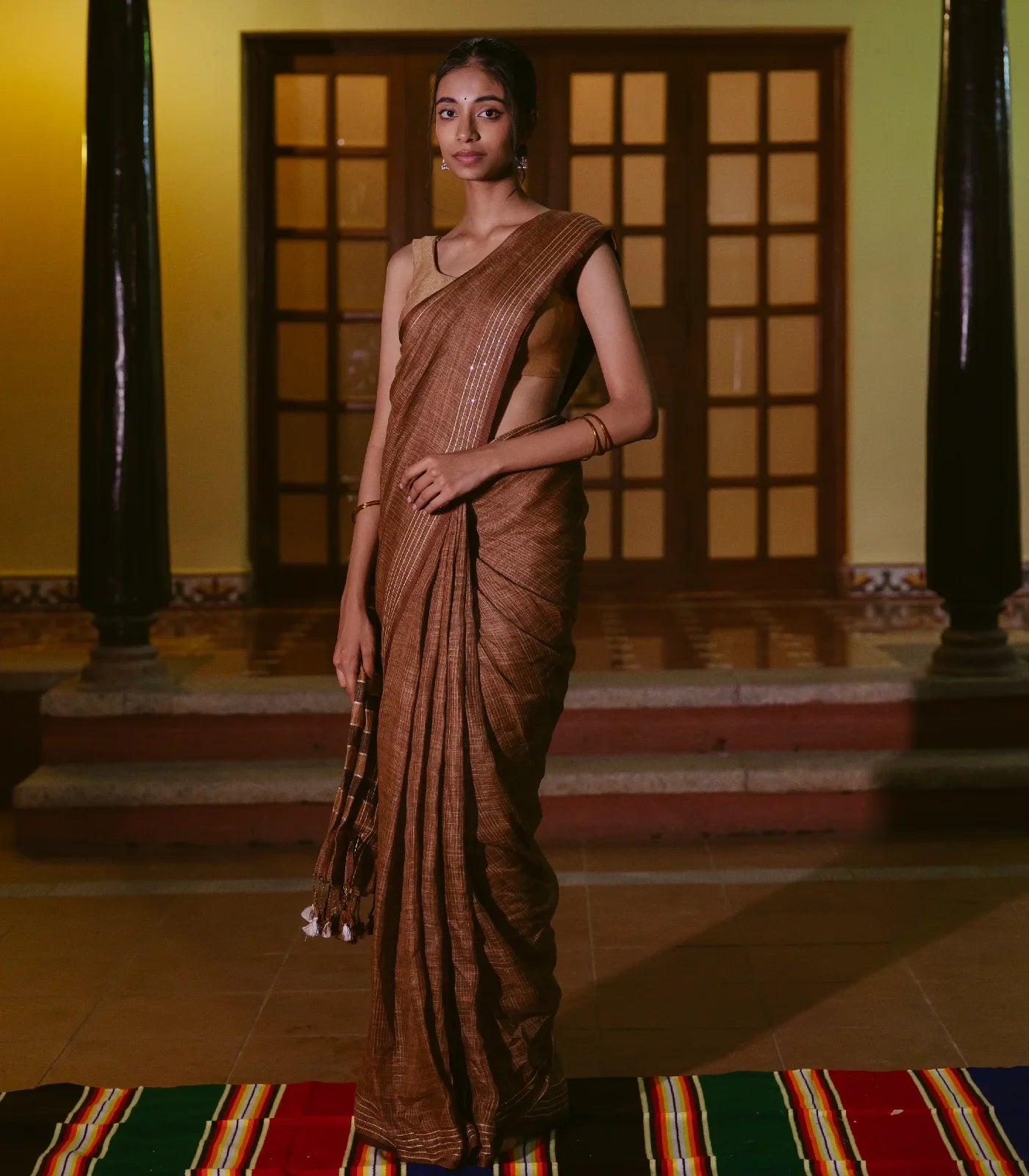 RmKV Brown Handloom Linen Saree With Striped Pallu - view 3