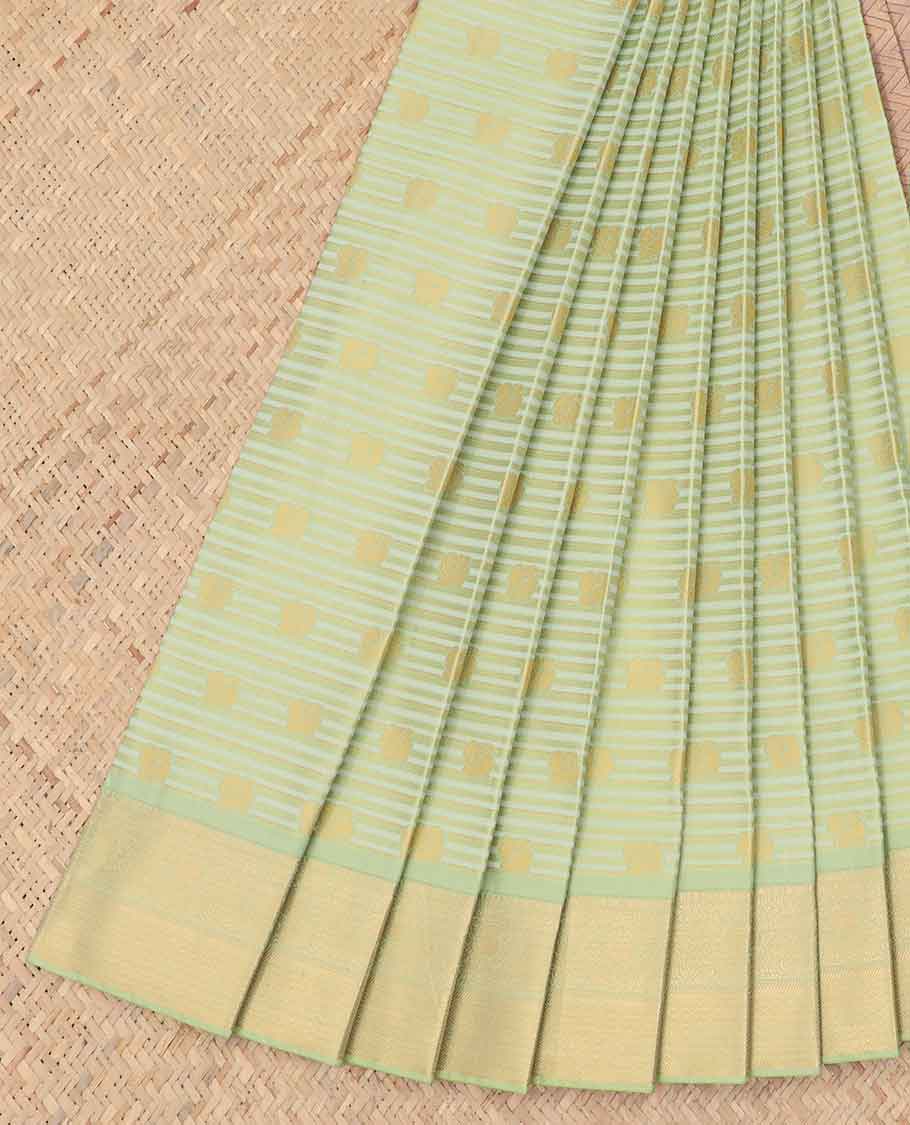 Pothys Green striped with floral motifs budget silk saree with contrast zari border & traditional zari design pallu