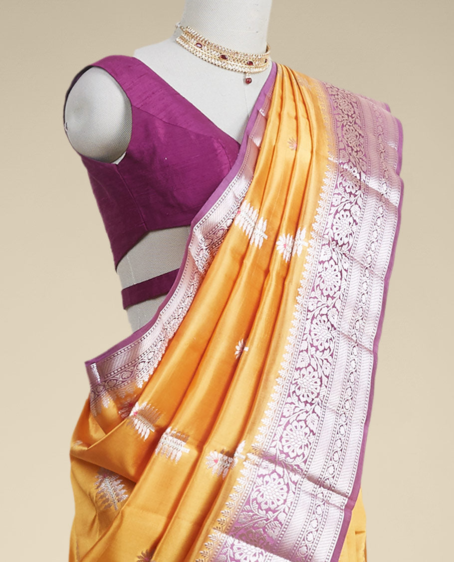 Pothys Yellow floral motifs dupion silk saree with contrast intricate zari design border