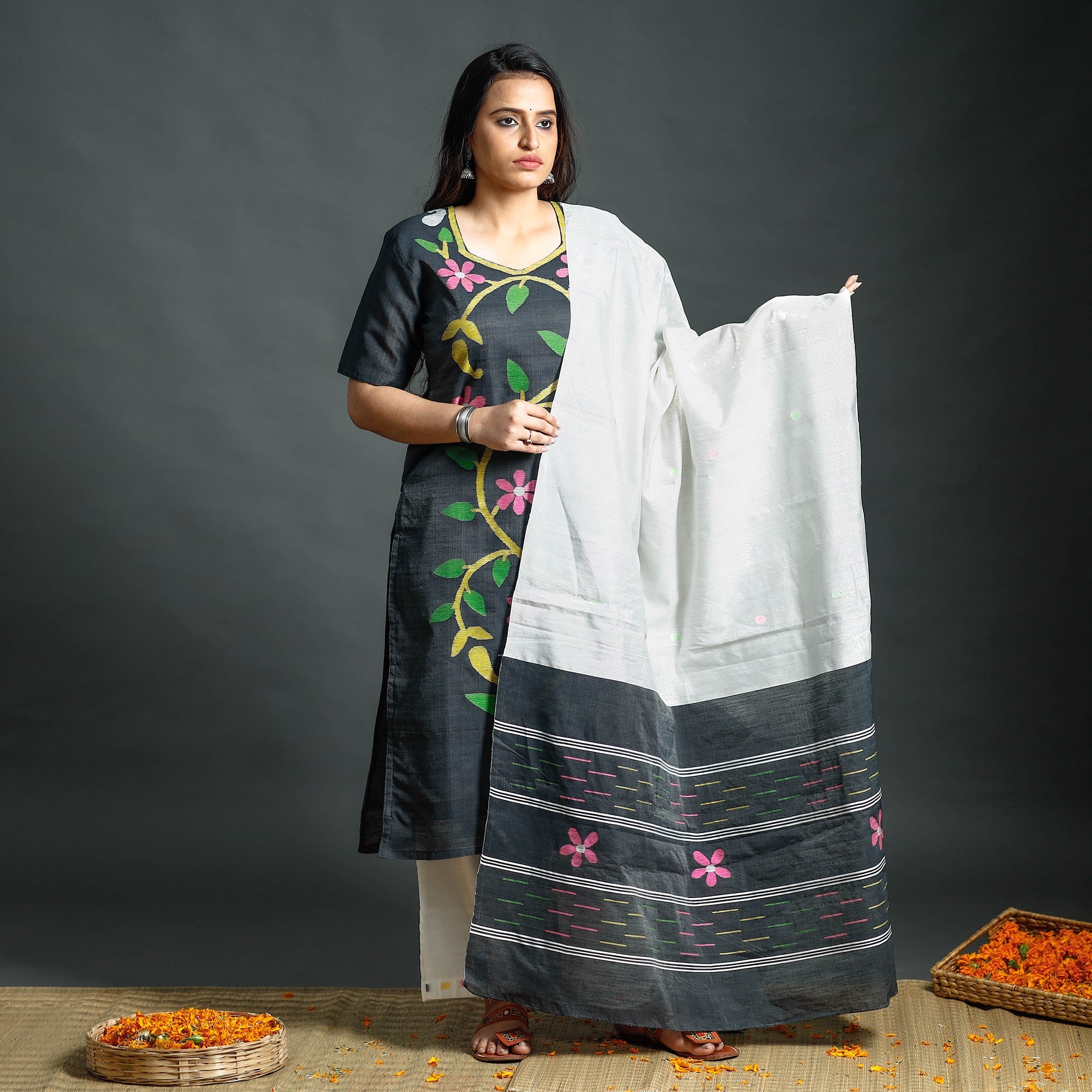 ITOKRI CASUALS Black - Dark Grey & White Phulia Jamdani Handloom Silk Cotton Kurta with Palazzo & Dupatta Set - view 2