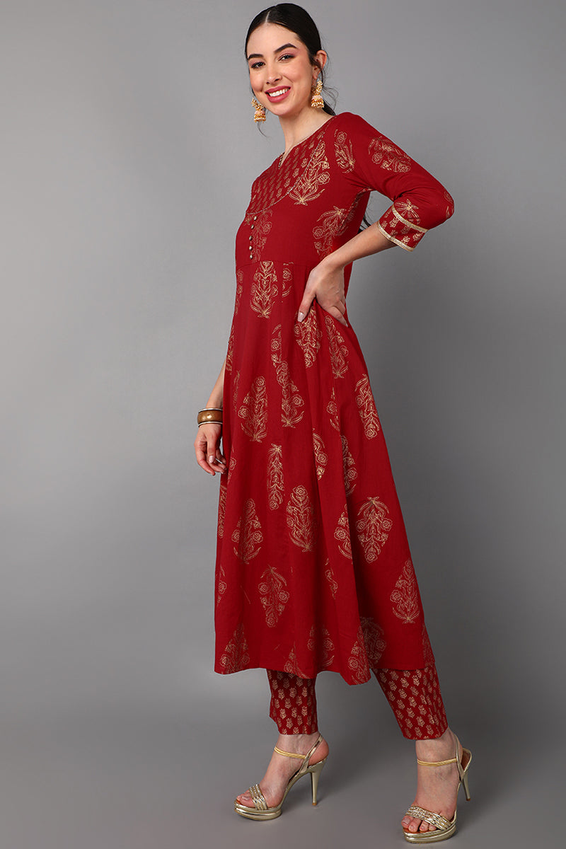 Ahika Red Cotton Straight Kurta Pant With Dupatta Set VKSKD1416 - view 5
