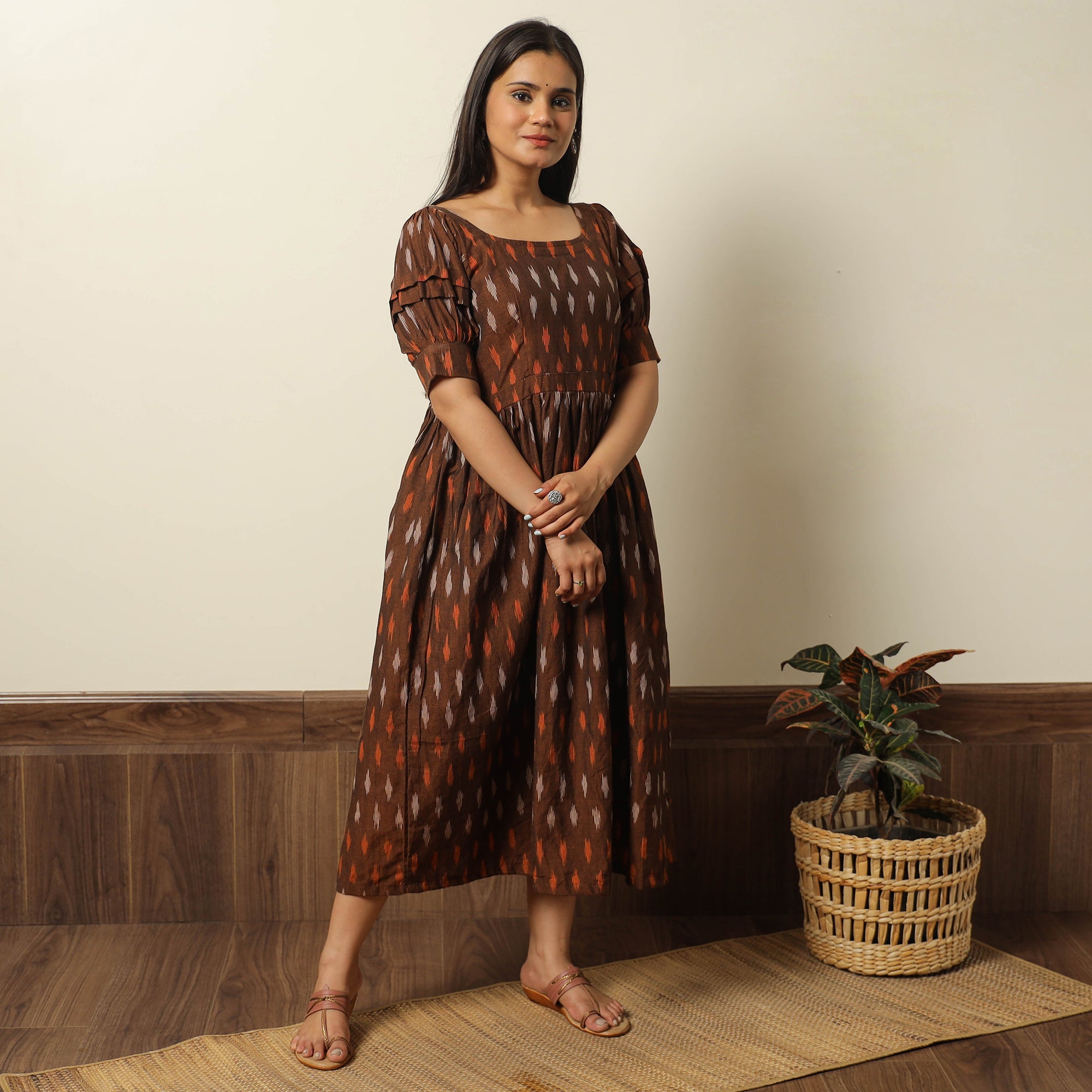 ITOKRI CASUALS Brown - Pochampally Ikat Weave Cotton Flared Dress 14 - view 2