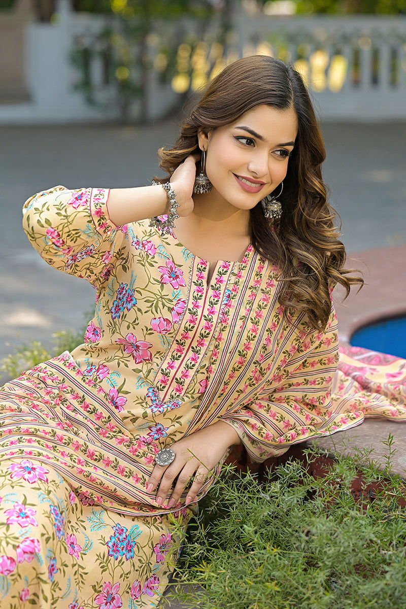 Ahika Yellow Rayon Blend Floral Printed Straight Suit Set VKSKD2314