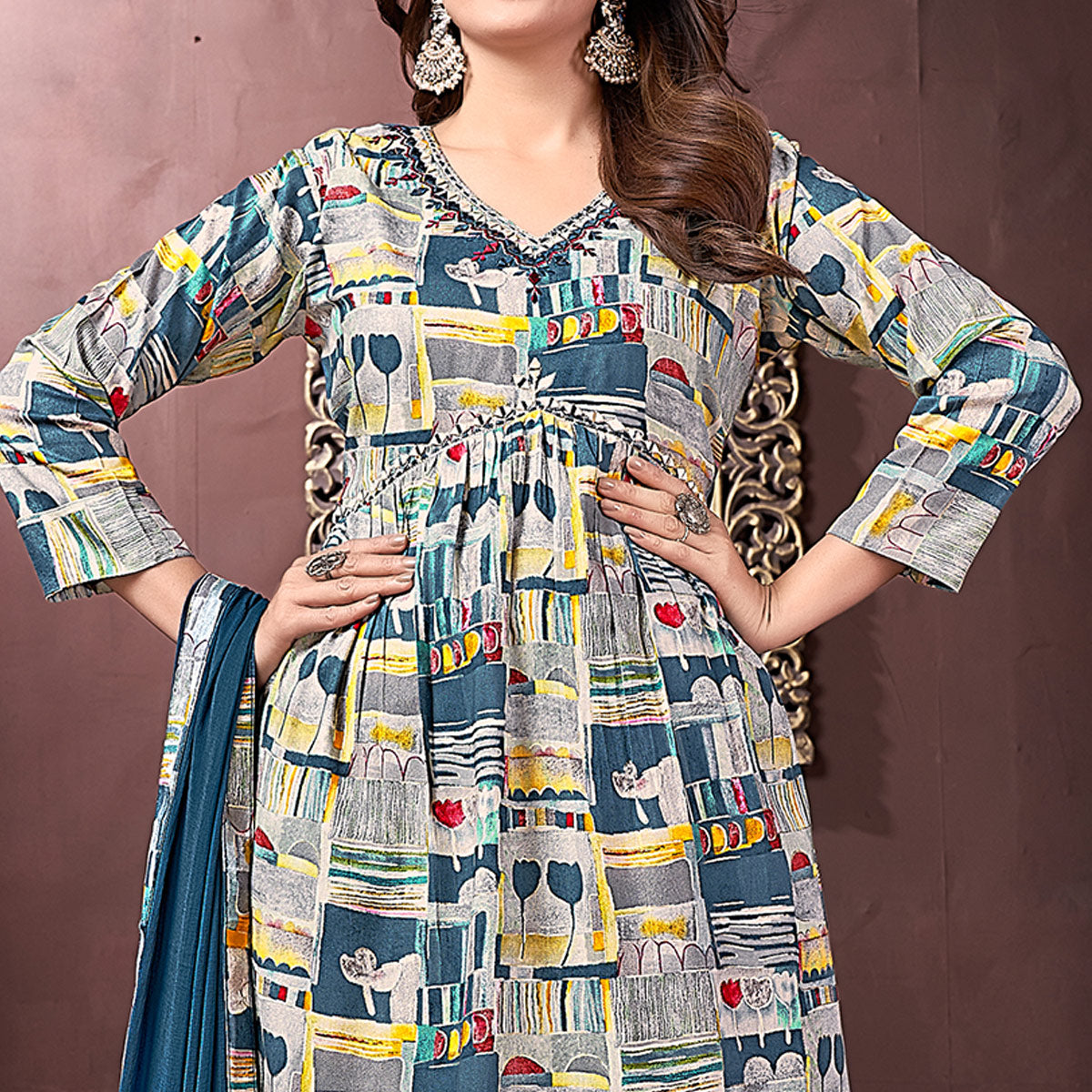 BlackTree grey-teal-floral-printed-rayon-alia-cut-salwar-suit - view 3