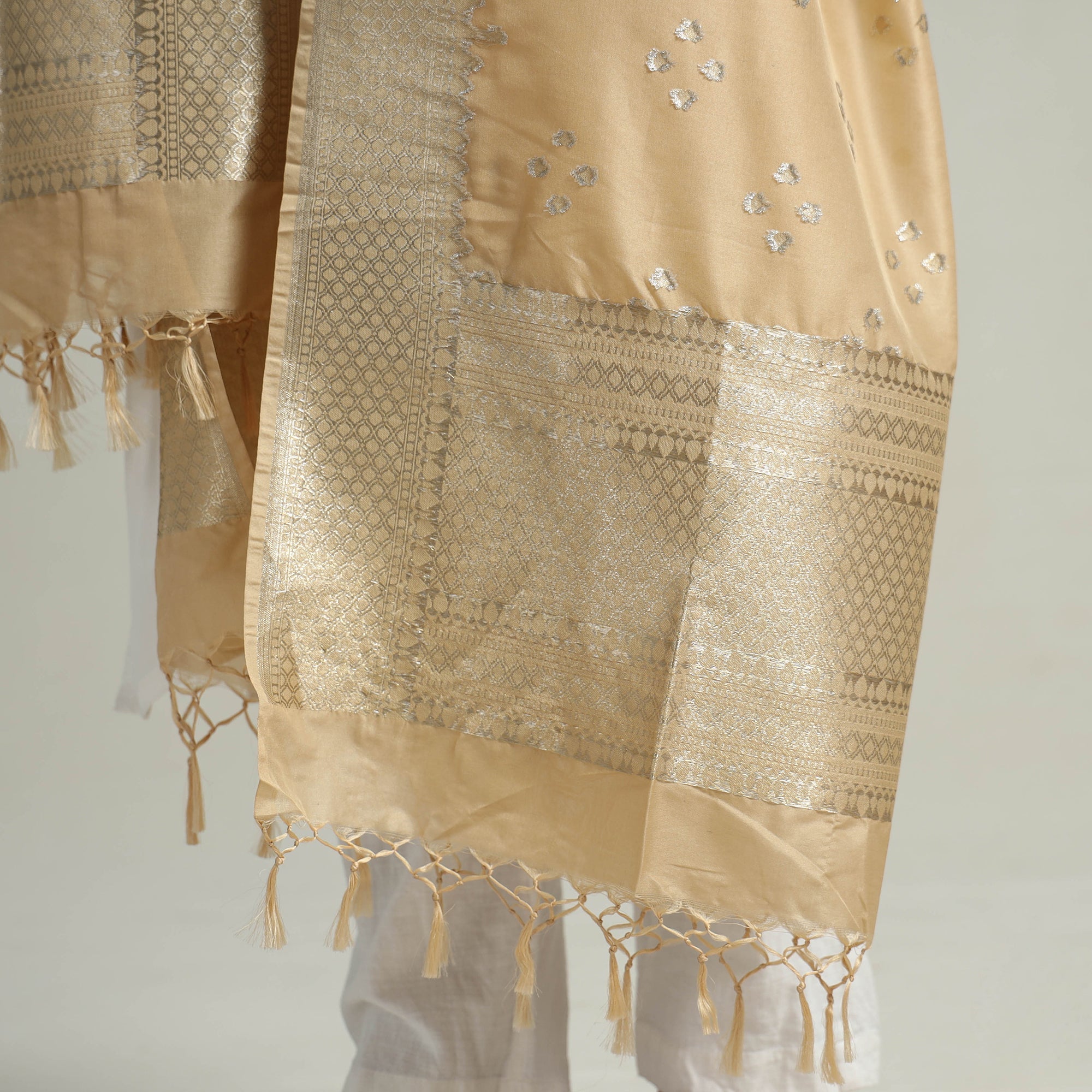 BANARASI BY MAQBUL HASAN Beige - Banarasi Semi Silk Zari Jaal Dupatta with Tassels 05 - view 4