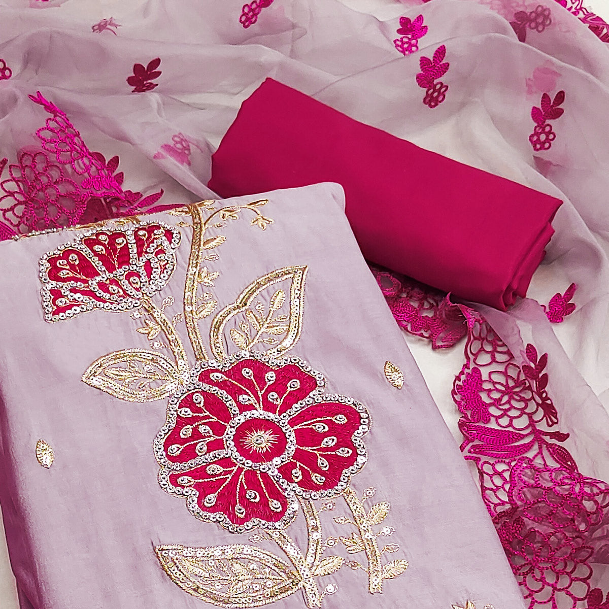 Peachmode Mauve Floral Hand Embroidered Cotton Silk Dress Material - view 2