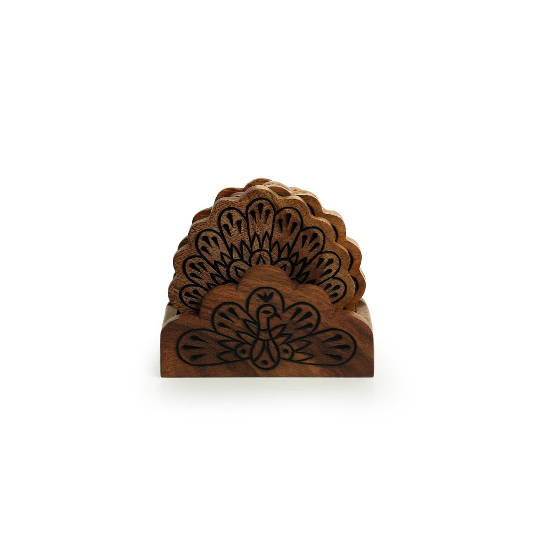 EXCLUSIVELANE 'The Dancing Peacock' Hand Carved Coasters With Holder in Sheesham Wood (Set of 4) - view 2