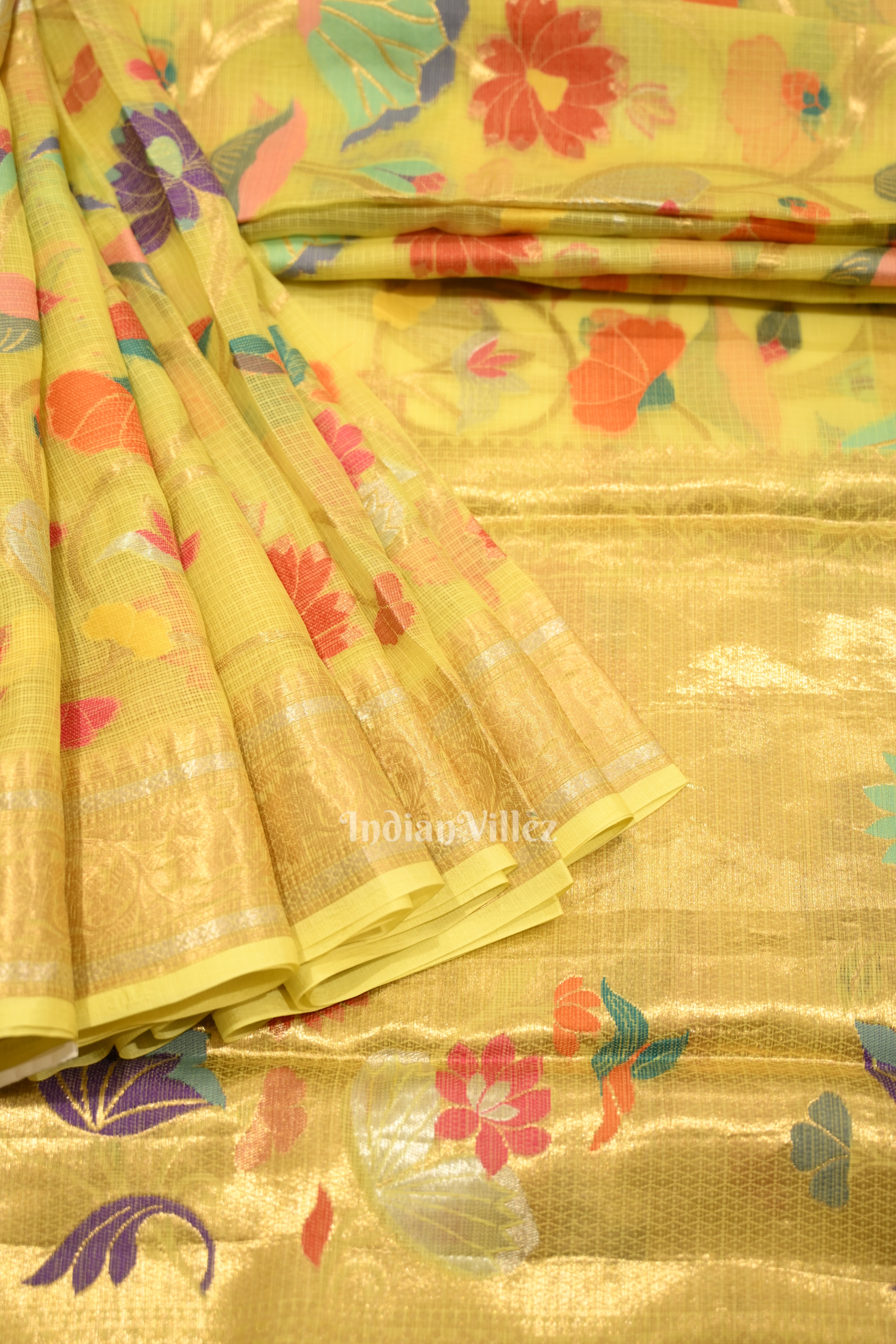 IndianVillèz Light Yellow Pure Jamdani Banarasi Kota Saree