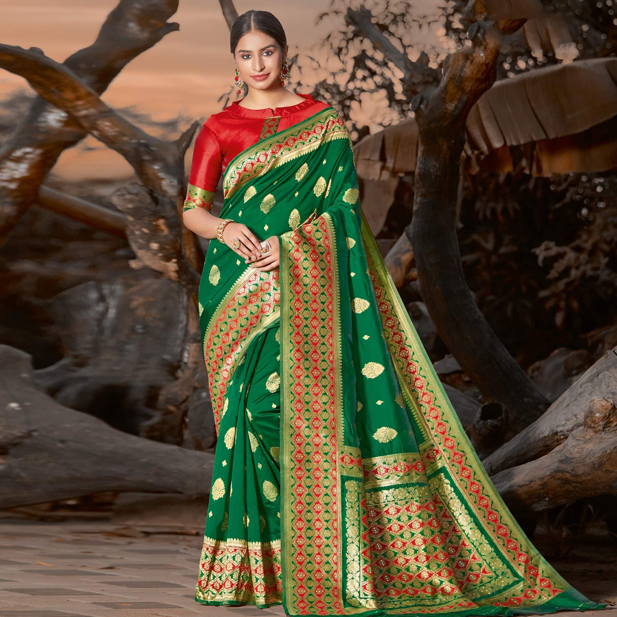 Peachmode Magnetic Green Colored Festive Wear Woven Silk Saree