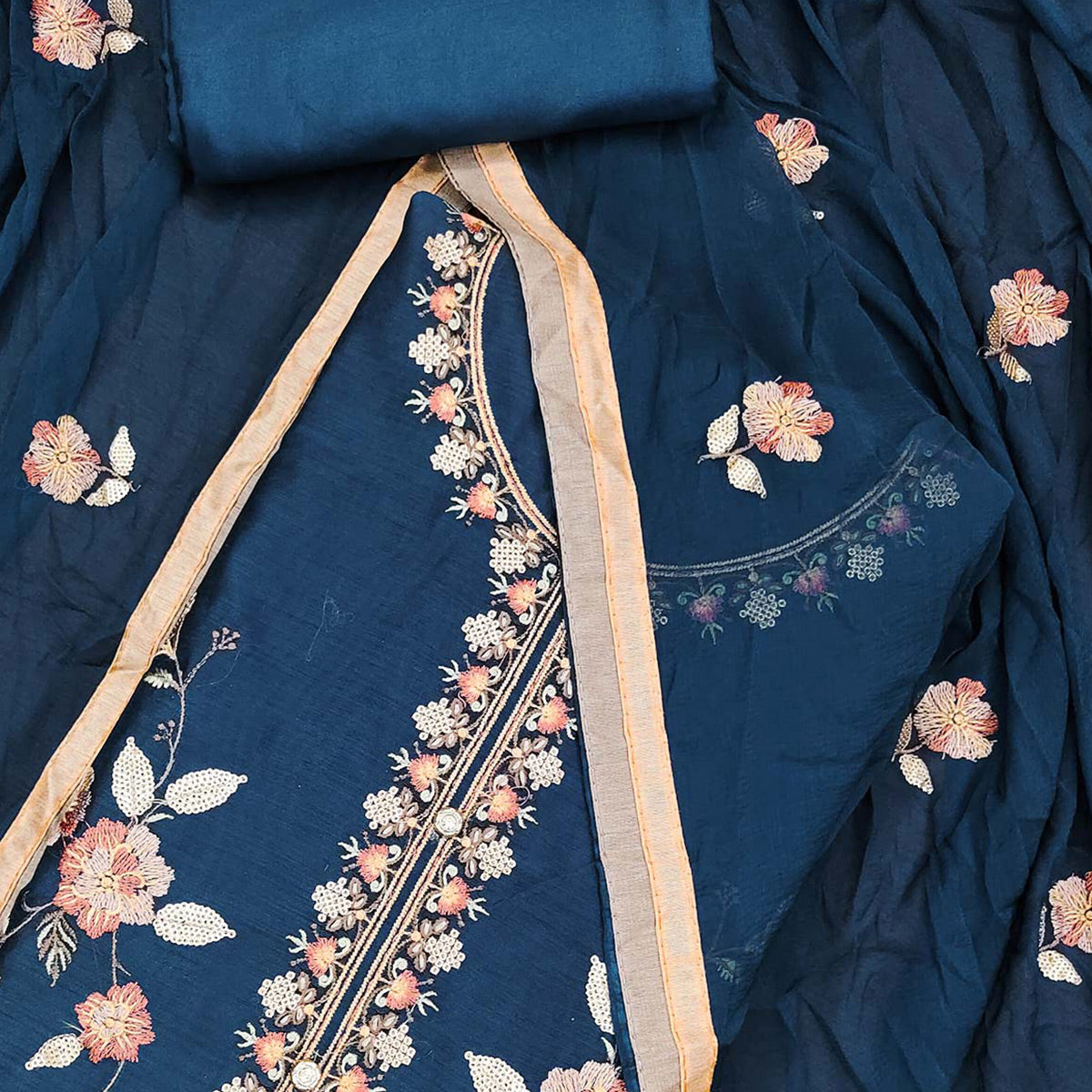 Peachmode Morpich Blue Floral Embroidered Chanderi Dress Material - view 2