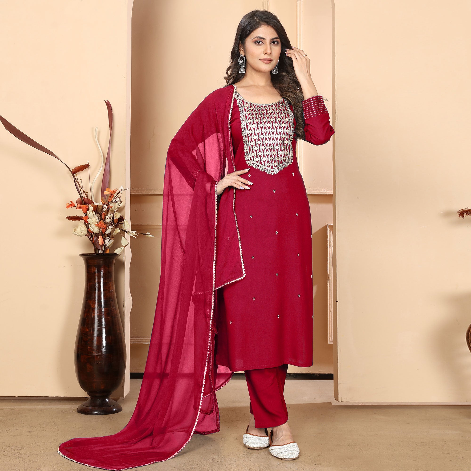 Peachmode Seller Maroon Sequins Embroidered Rayon Straight Salwar Suit - view 2
