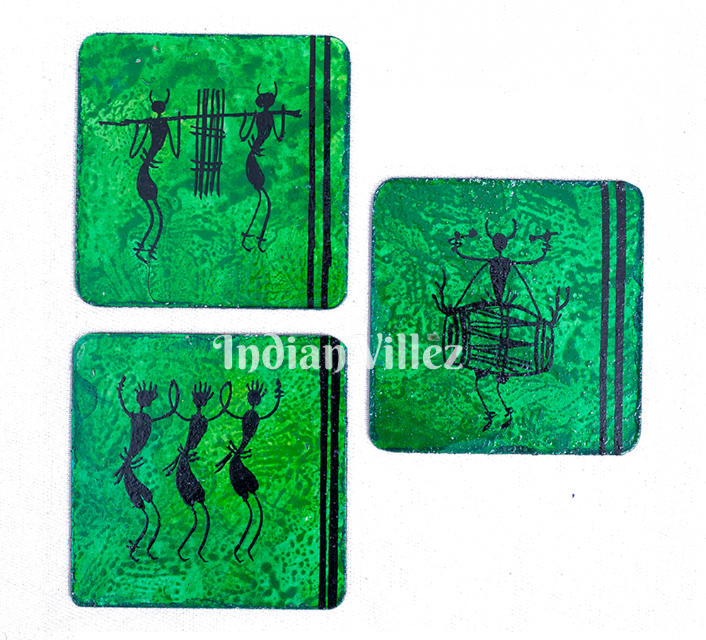 IndianVillèz Saura Art Themed Hand Painted Tray with Coasters - view 5